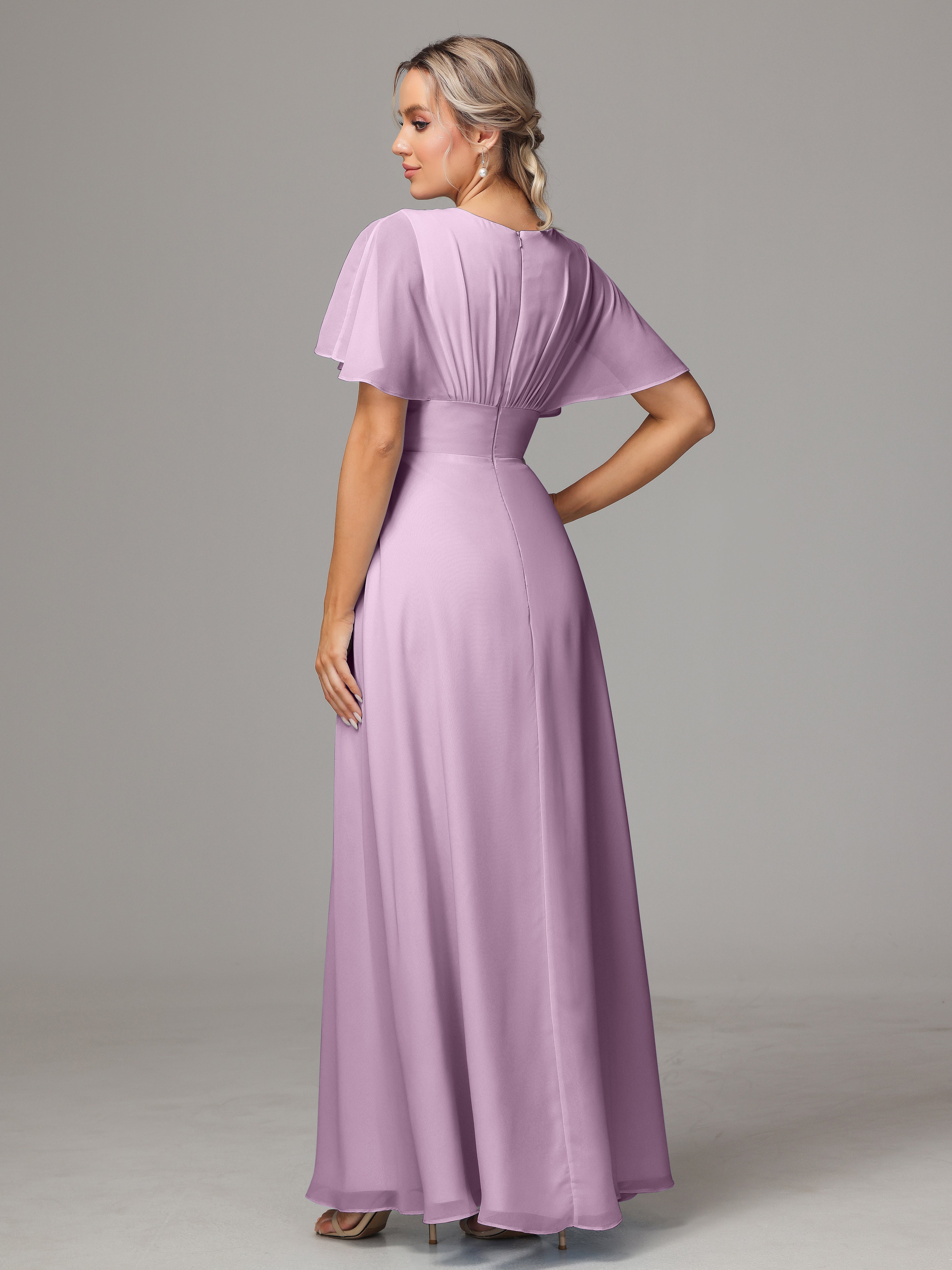 Robes De Demoiselle D'Honneur Glycine Trapèze Col V Fendue Devant Mousseline Robe Demoiselle D'Honneur