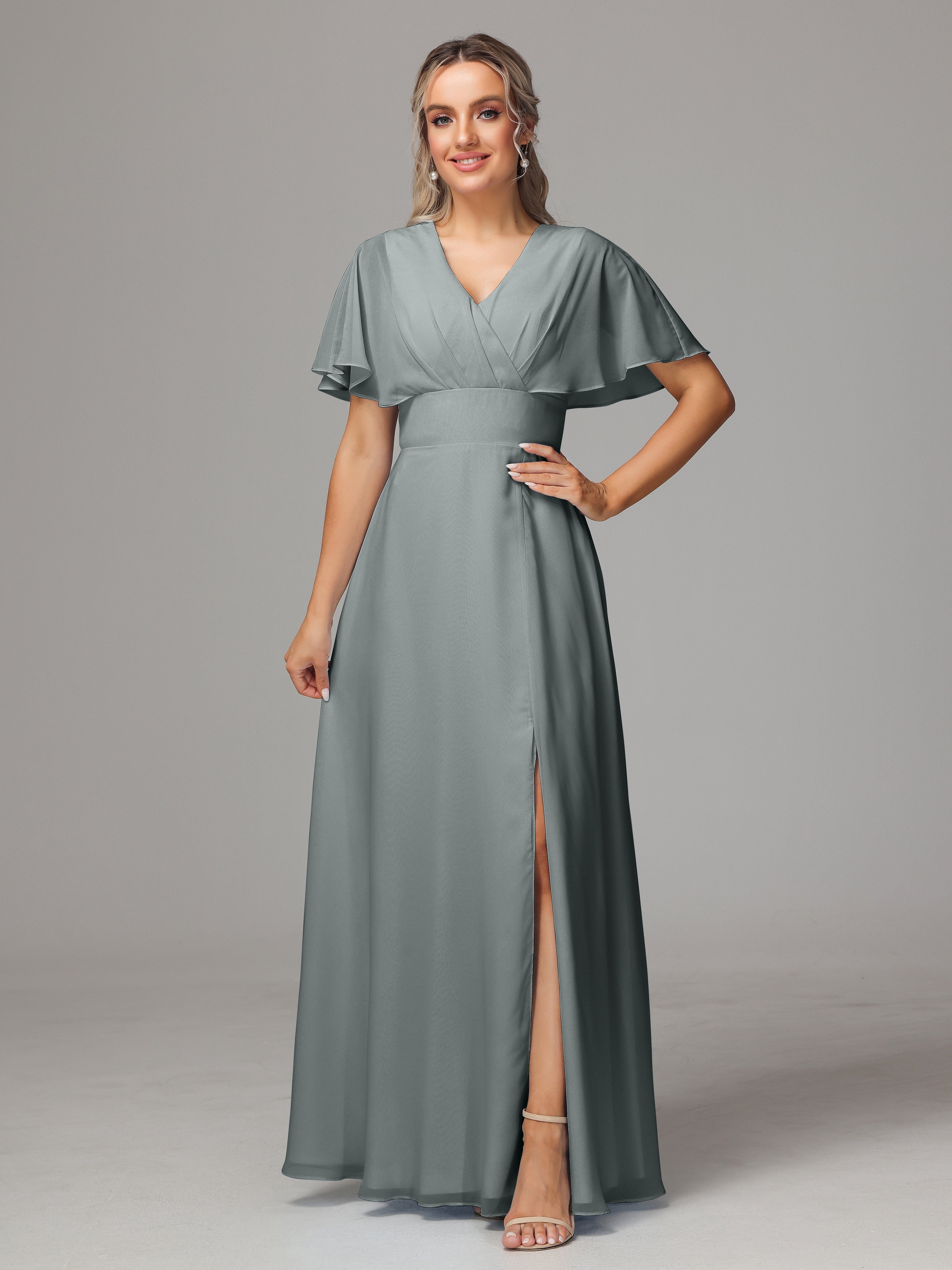Demoiselle D Honneur Gris Trapèze Col V Fendue Devant Mousseline Robe Demoiselle D'Honneur