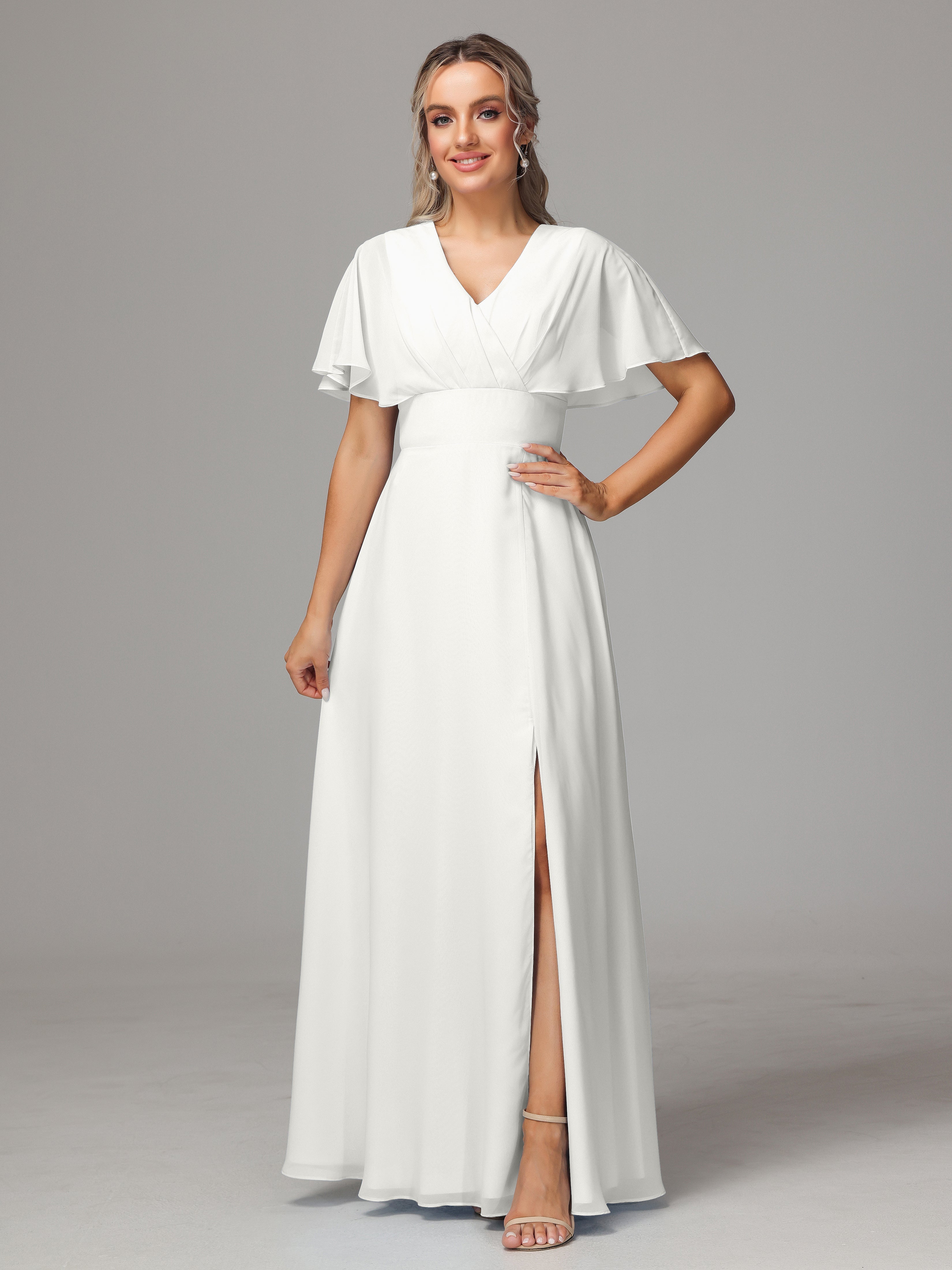 Robe Demoiselle D Honneur Ivoire Trapèze Col V Fendue Devant Mousseline Robe Demoiselle D'Honneur