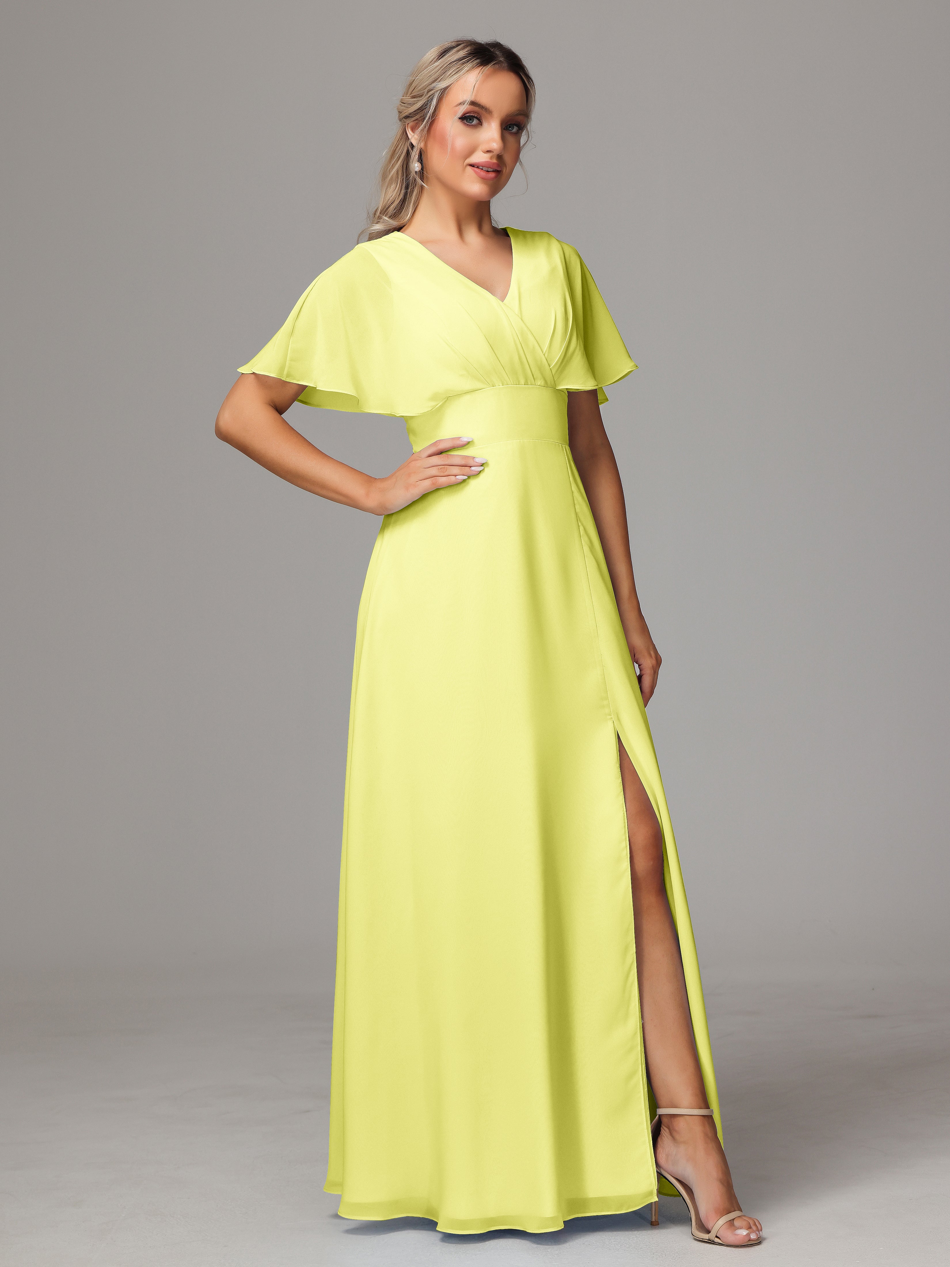 Robes De Demoiselle D'Honneur Jonquille Trapèze Col V Fendue Devant Mousseline Robe Demoiselle D'Honneur