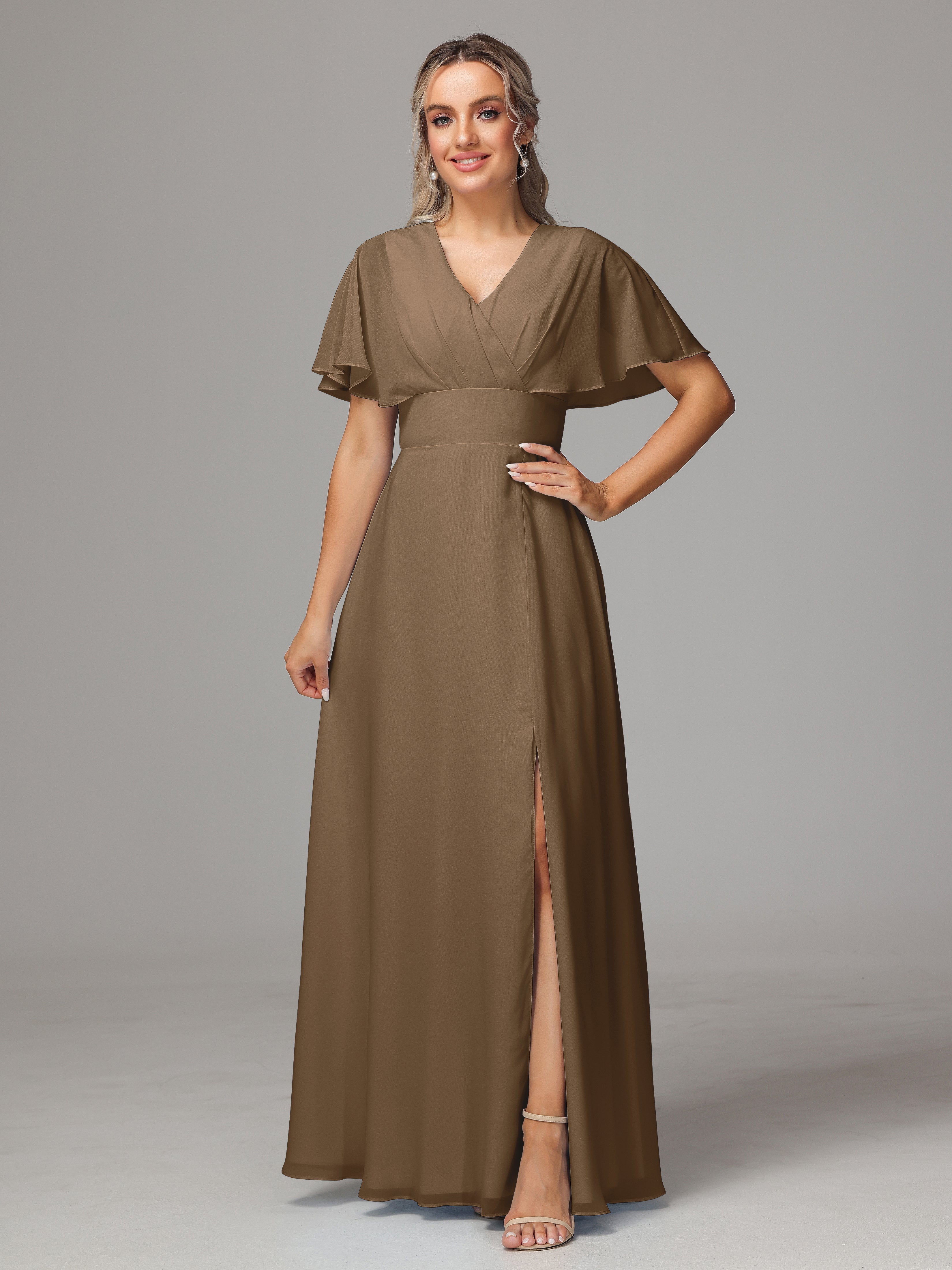 Robe Demoiselle D Honneur Moka Trapèze Col V Fendue Devant Mousseline Robe Demoiselle D'Honneur