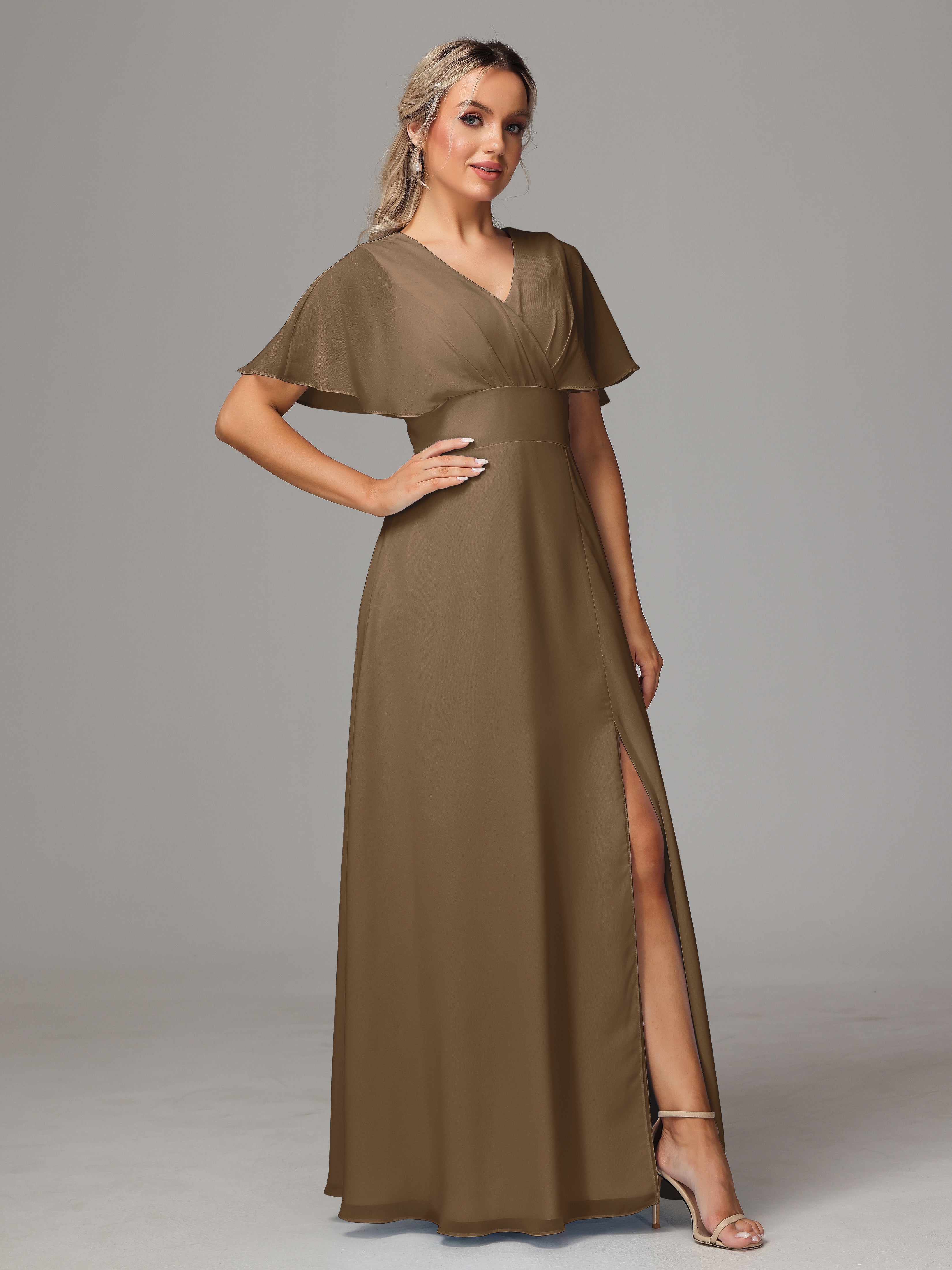 Robe Demoiselle D Honneur Moka Trapèze Col V Fendue Devant Mousseline Robe Demoiselle D'Honneur