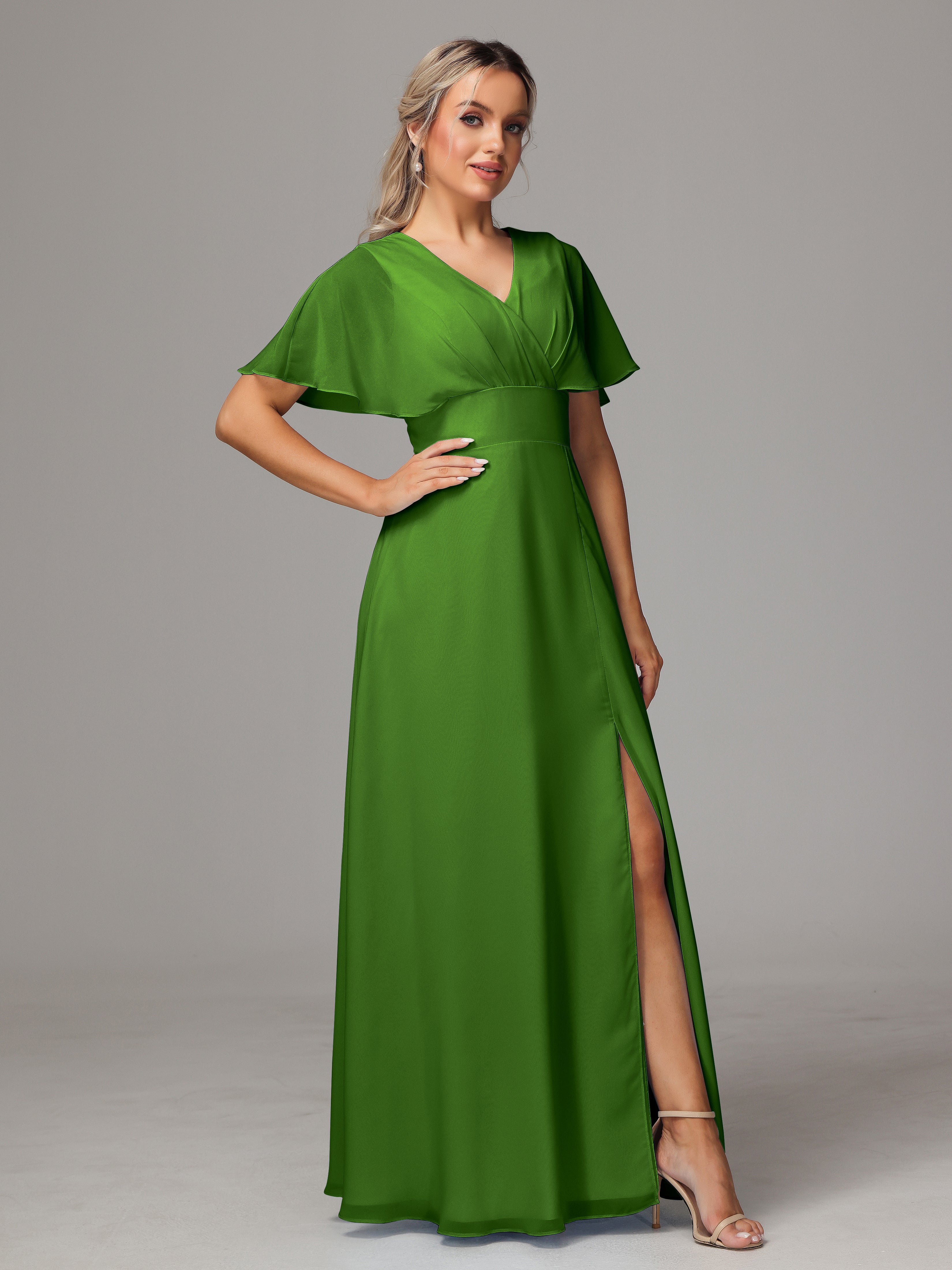 Robes De Demoiselle D'Honneur Mousse Trapèze Col V Fendue Devant Mousseline Robe Demoiselle D'Honneur