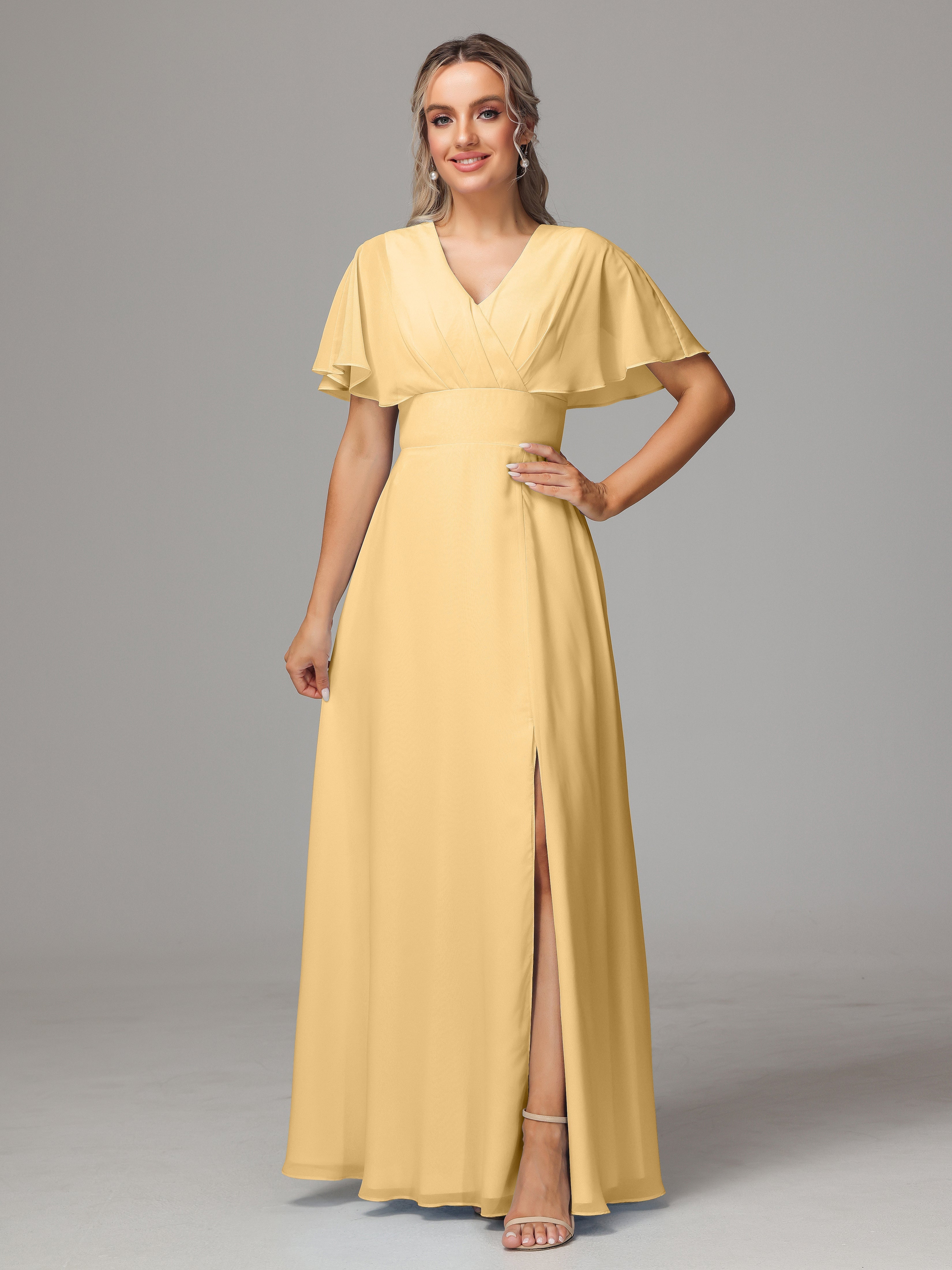 Demoiselle Robe Dorée Mariage Trapèze Col V Fendue Devant Mousseline Robe Demoiselle D'Honneur