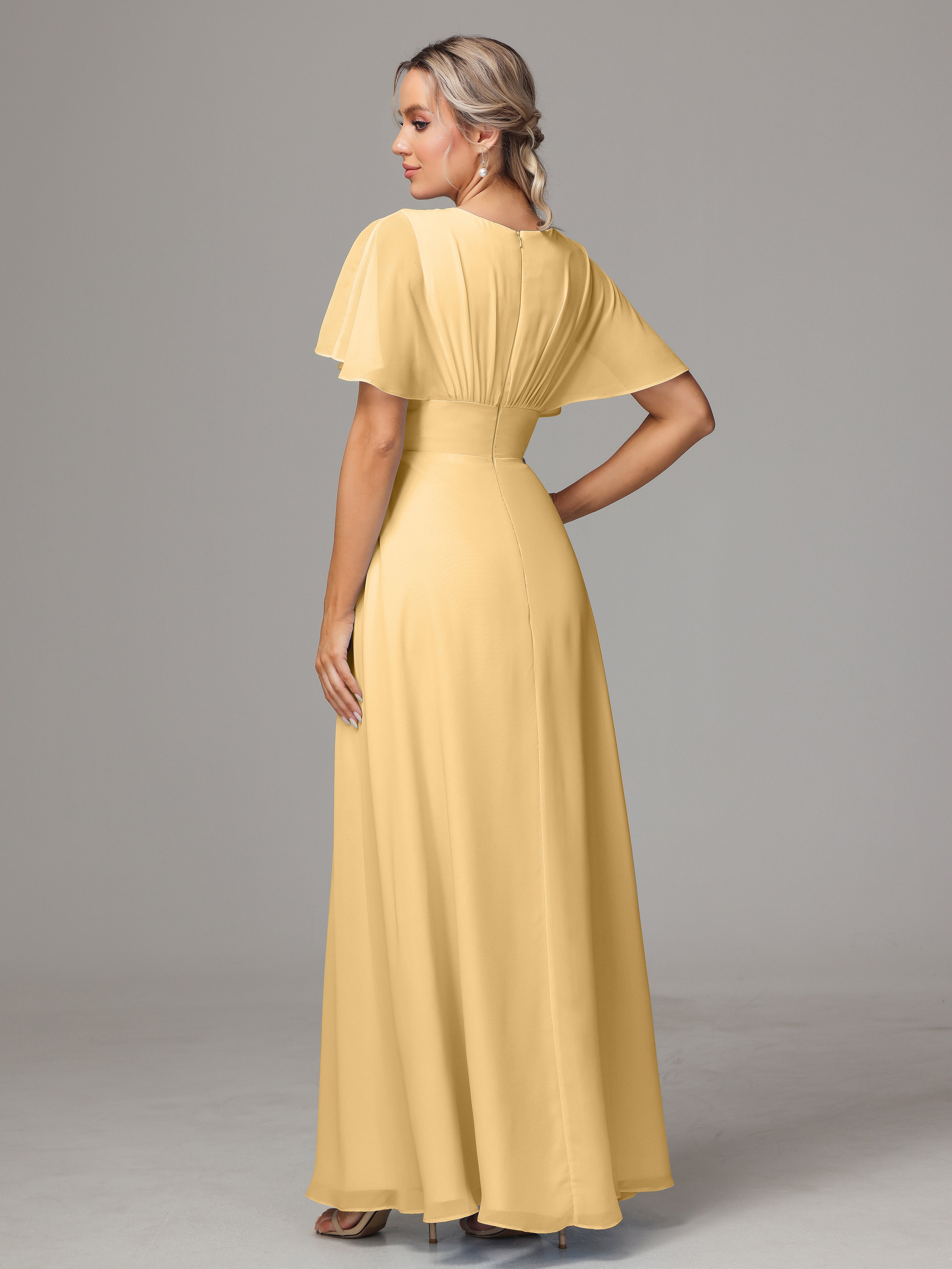 Demoiselle Robe Dorée Mariage Trapèze Col V Fendue Devant Mousseline Robe Demoiselle D'Honneur