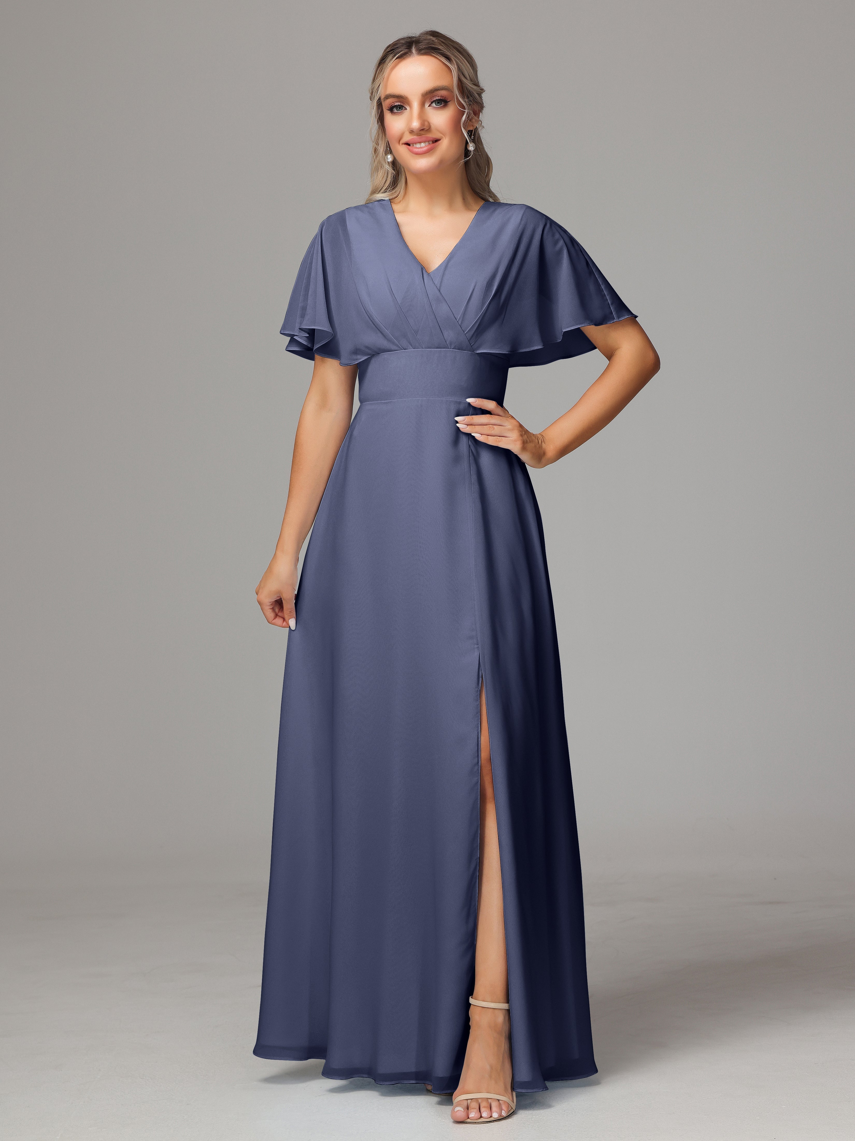 Robes De Demoiselle D'Honneur Bleu Orageux Trapèze Col V Fendue Devant Mousseline Robe Demoiselle D'Honneur