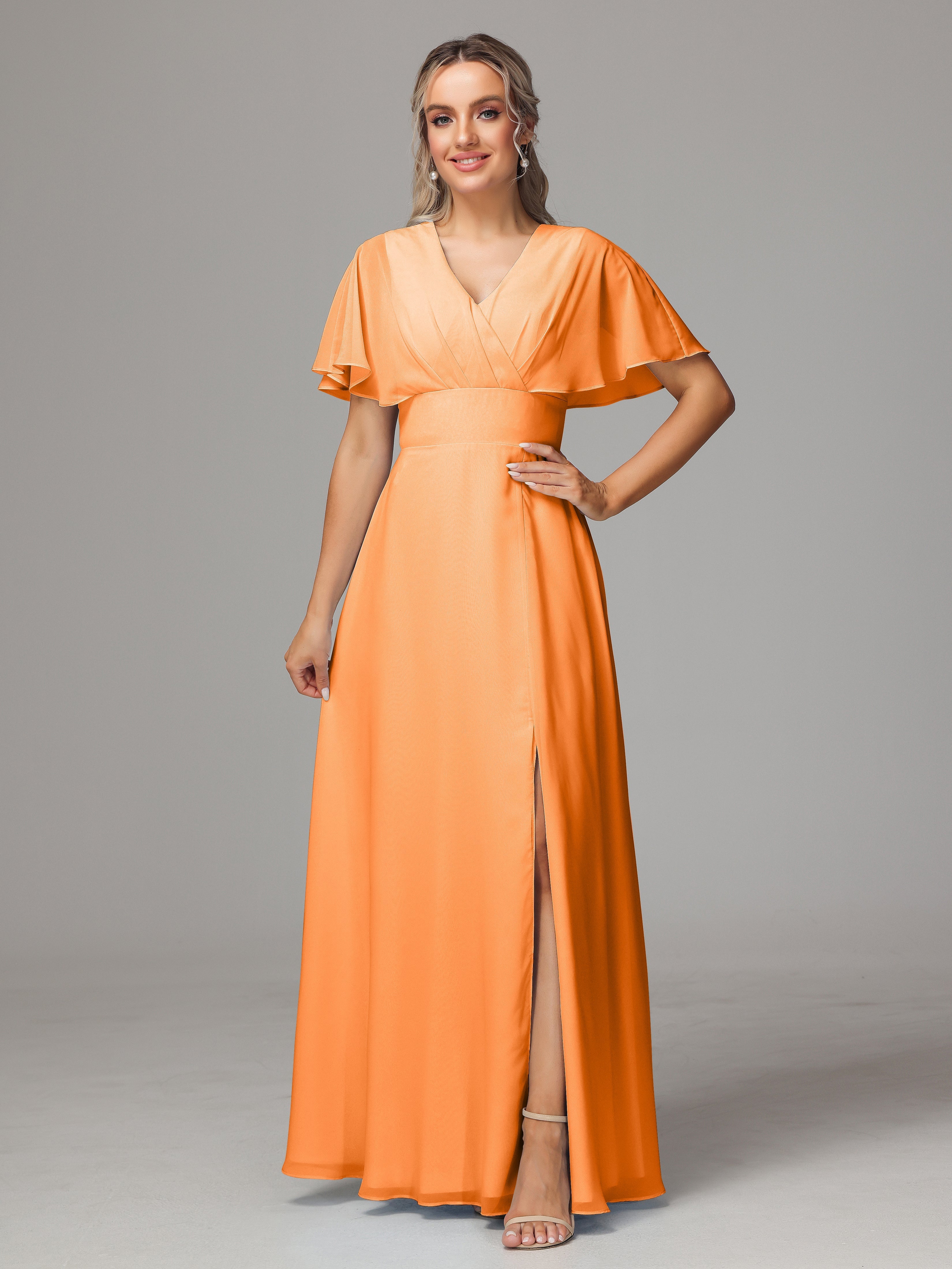 Robes De Demoiselle D'Honneur Orange Trapèze Col V Fendue Devant Mousseline Robe Demoiselle D'Honneur