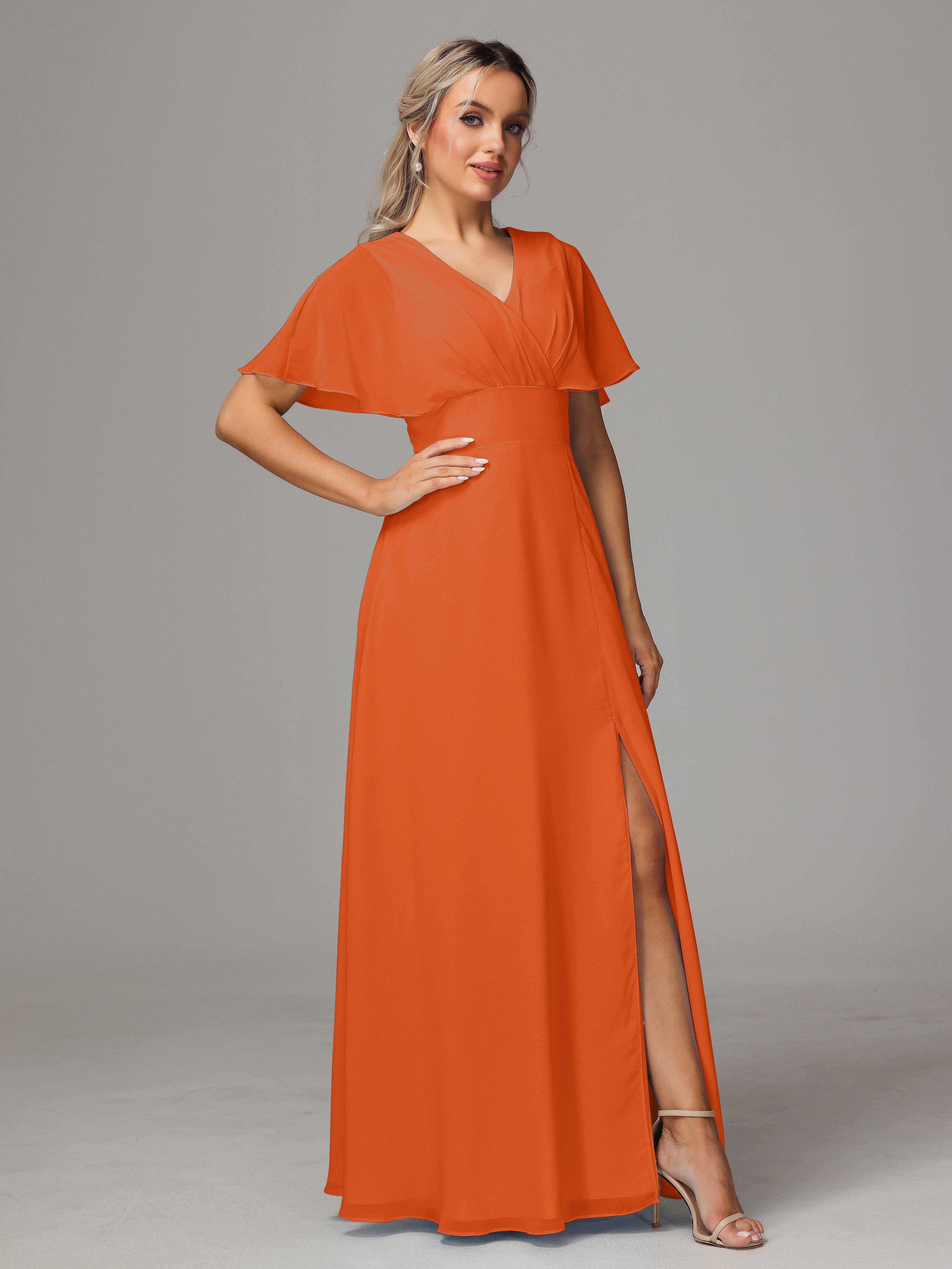 Robes De Demoiselle D'Honneur Orange Foncé Trapèze Col V Fendue Devant Mousseline Robe Demoiselle D'Honneur