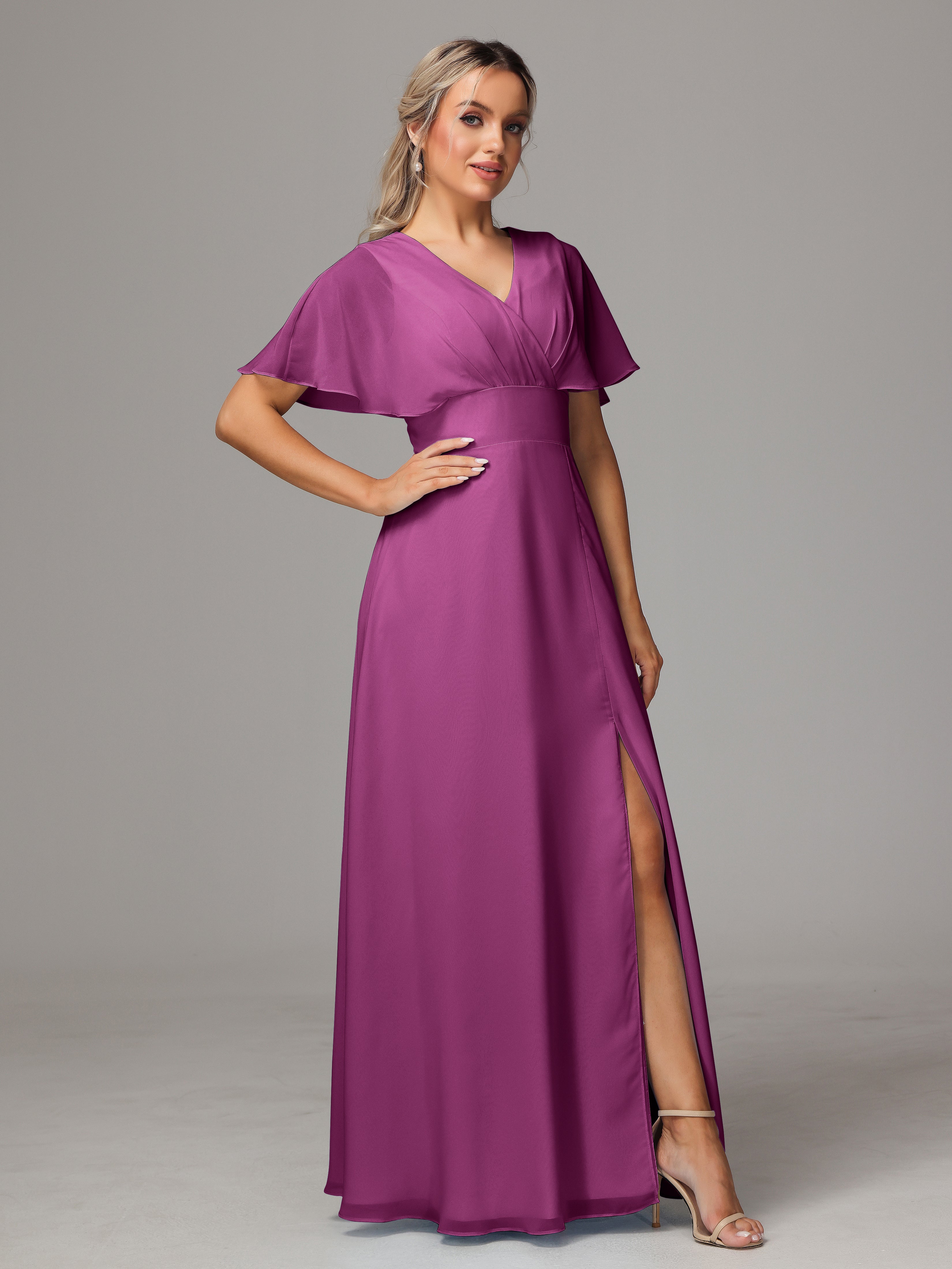 Robes De Demoiselle D'Honneur Orchidée Trapèze Col V Fendue Devant Mousseline Robe Demoiselle D'Honneur