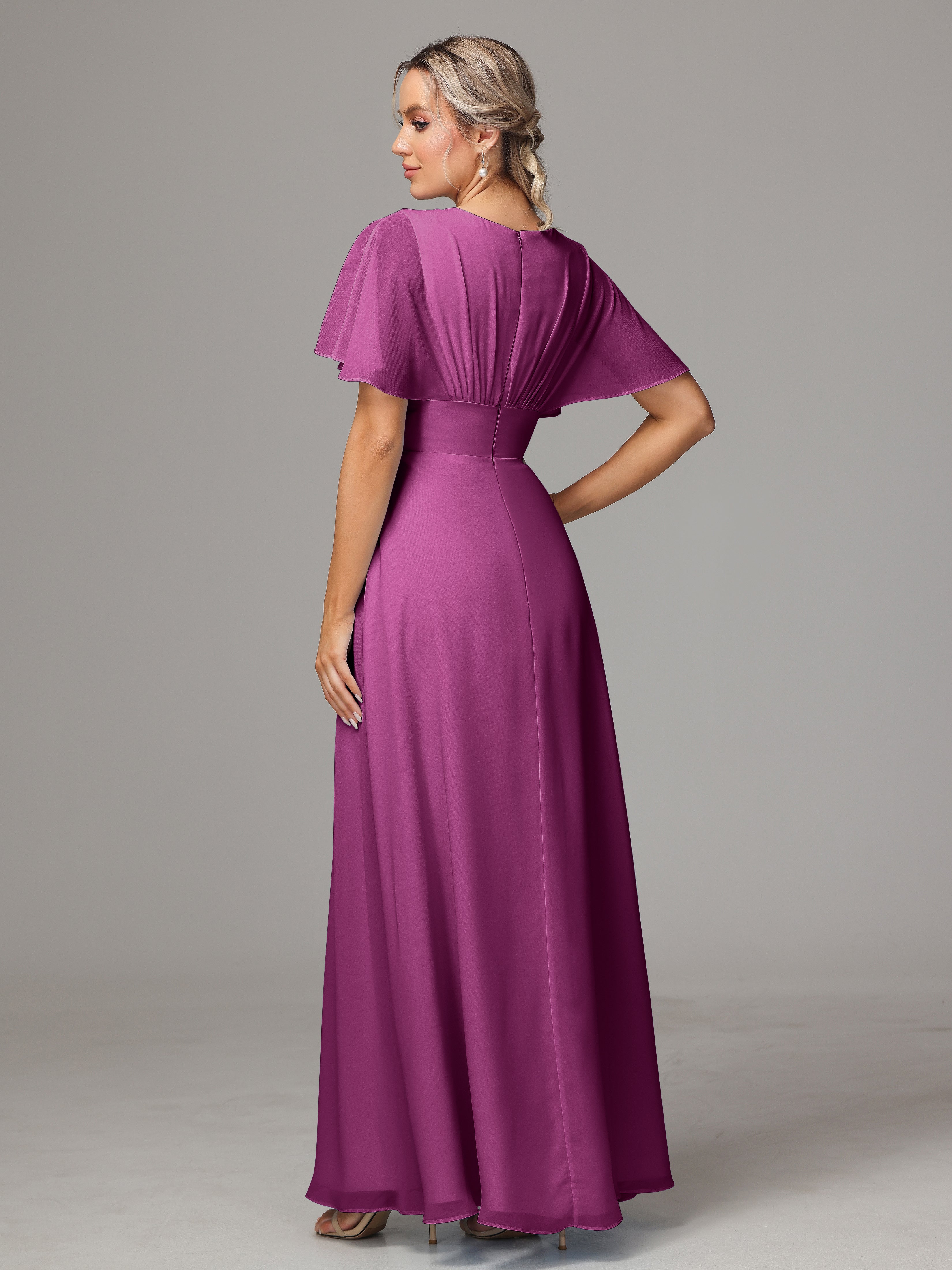 Robes De Demoiselle D'Honneur Orchidée Trapèze Col V Fendue Devant Mousseline Robe Demoiselle D'Honneur