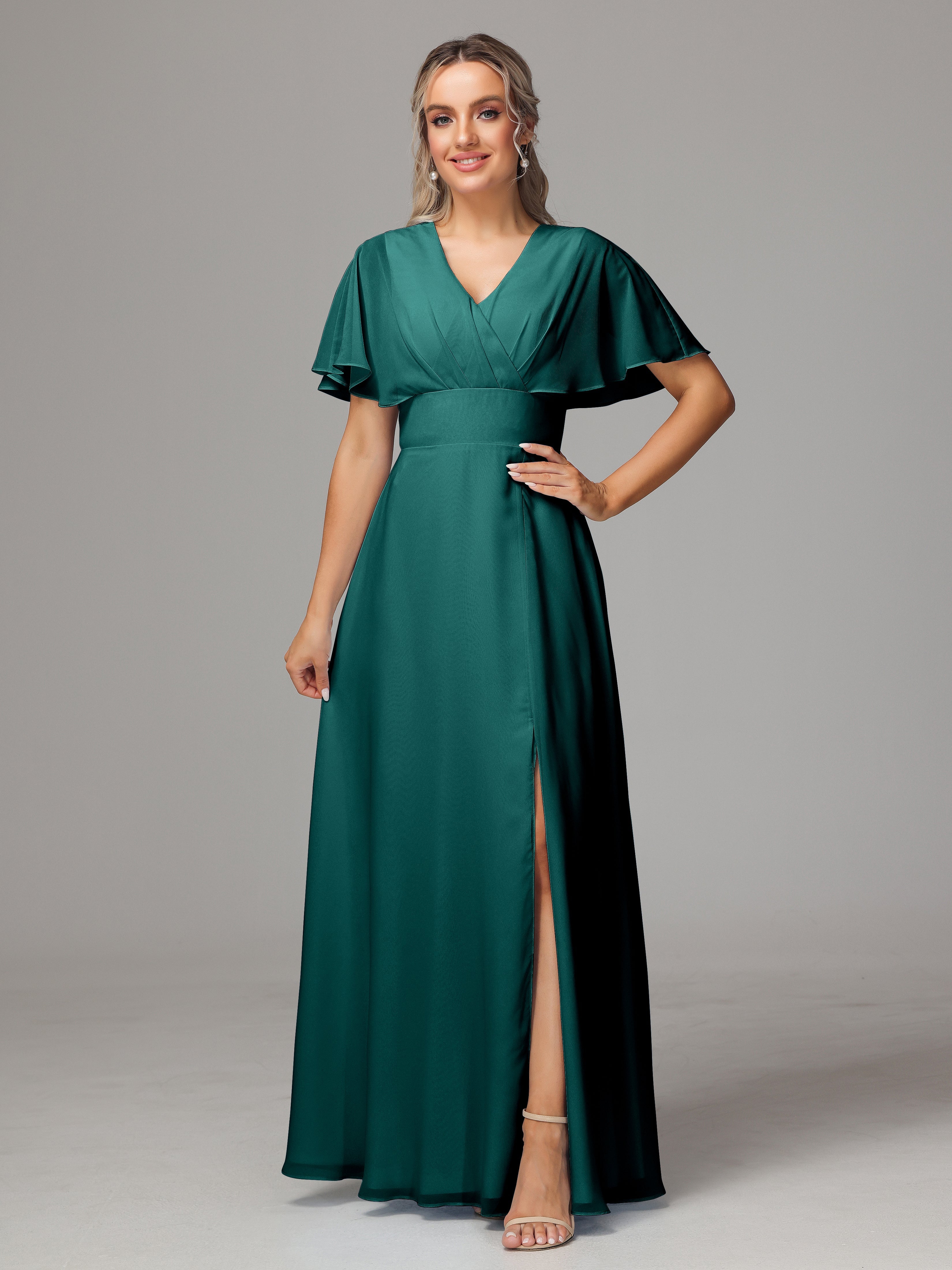 Robes De Demoiselle D'Honneur De Paon Trapèze Col V Fendue Devant Mousseline Robe Demoiselle D'Honneur