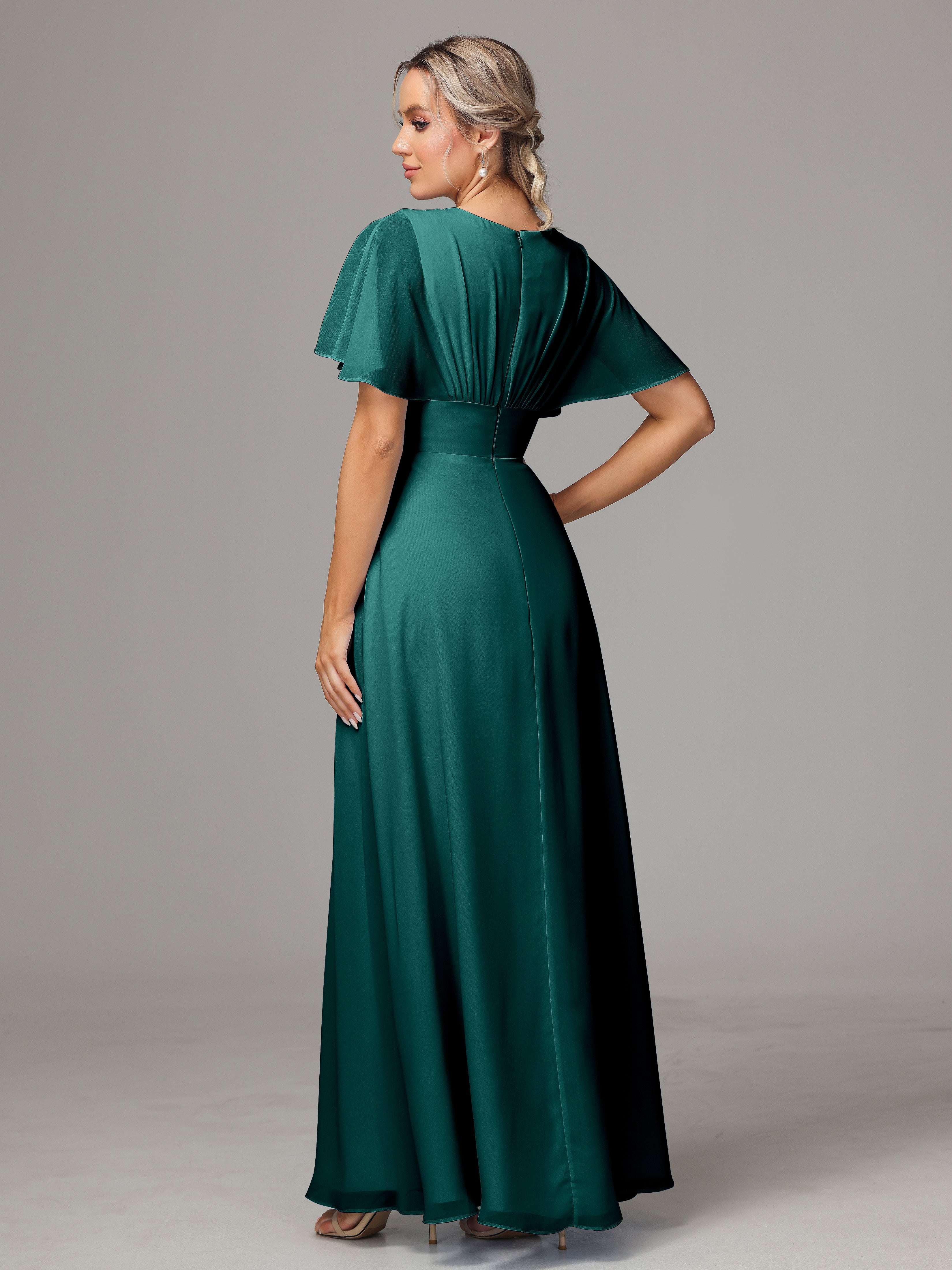 Robes De Demoiselle D'Honneur De Paon Trapèze Col V Fendue Devant Mousseline Robe Demoiselle D'Honneur