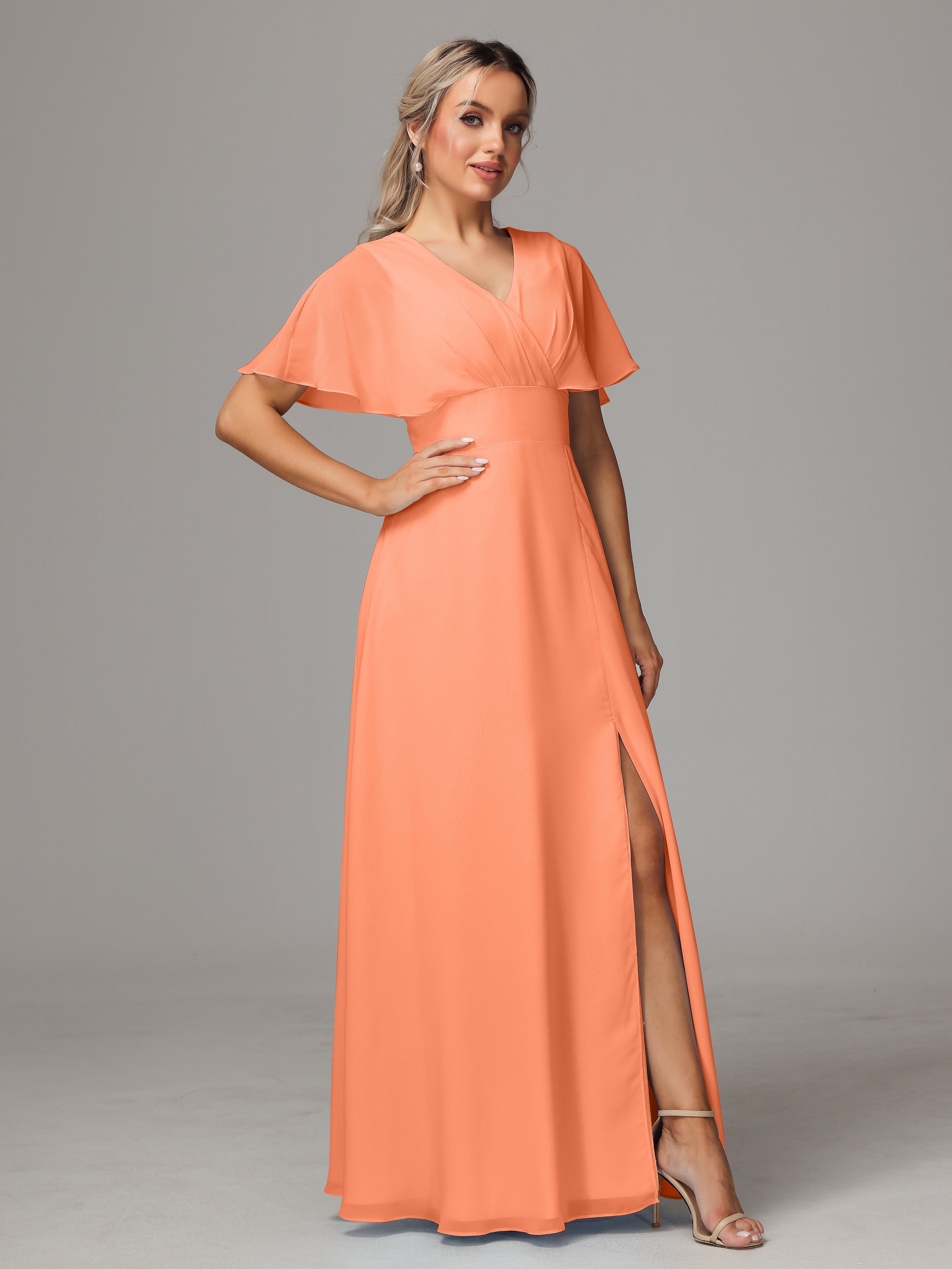 Robes De Demoiselle D'Honneur Papaye Trapèze Col V Fendue Devant Mousseline Robe Demoiselle D'Honneur