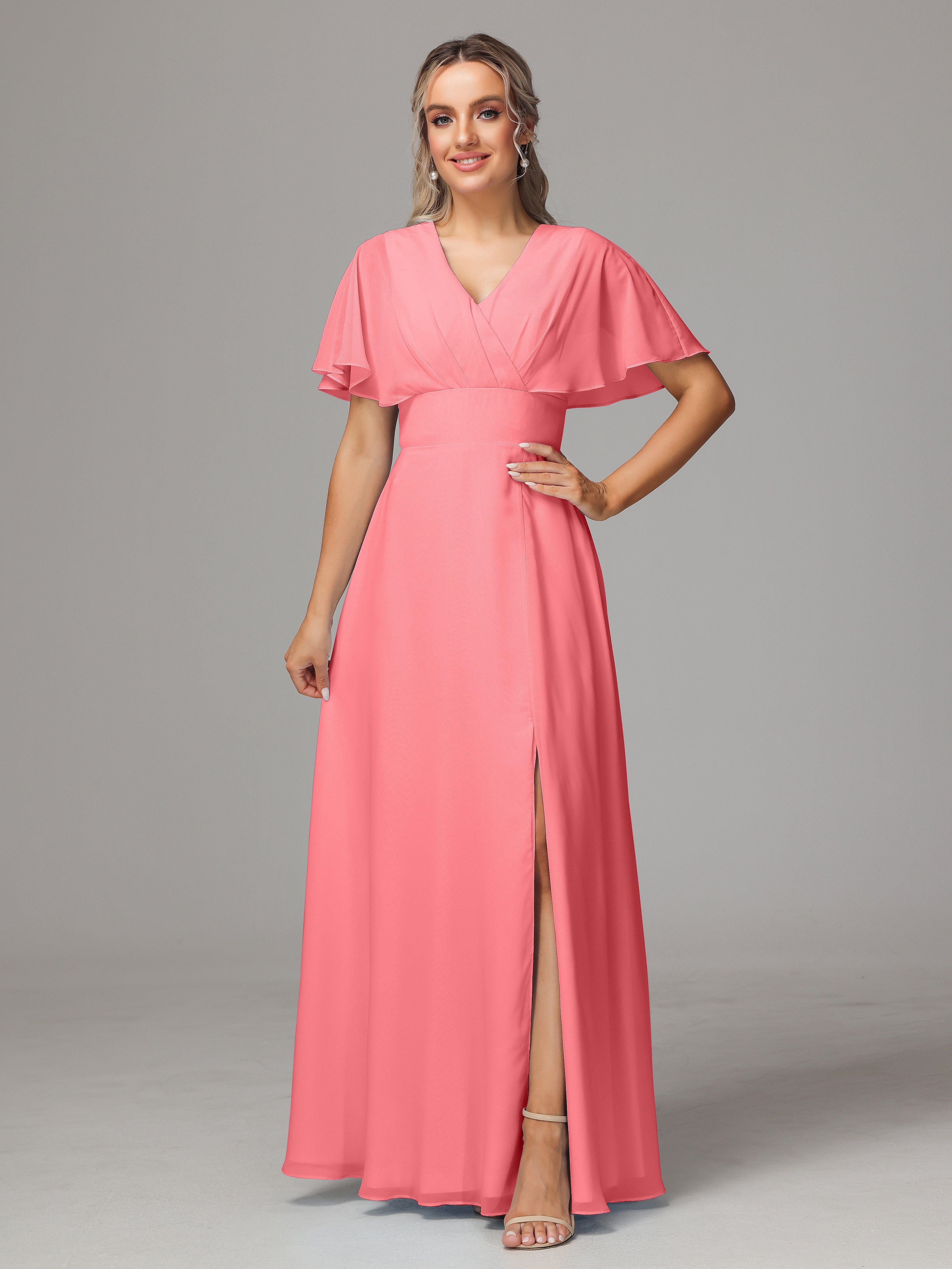 Robes De Demoiselle D'Honneur Pastèque Trapèze Col V Fendue Devant Mousseline Robe Demoiselle D'Honneur