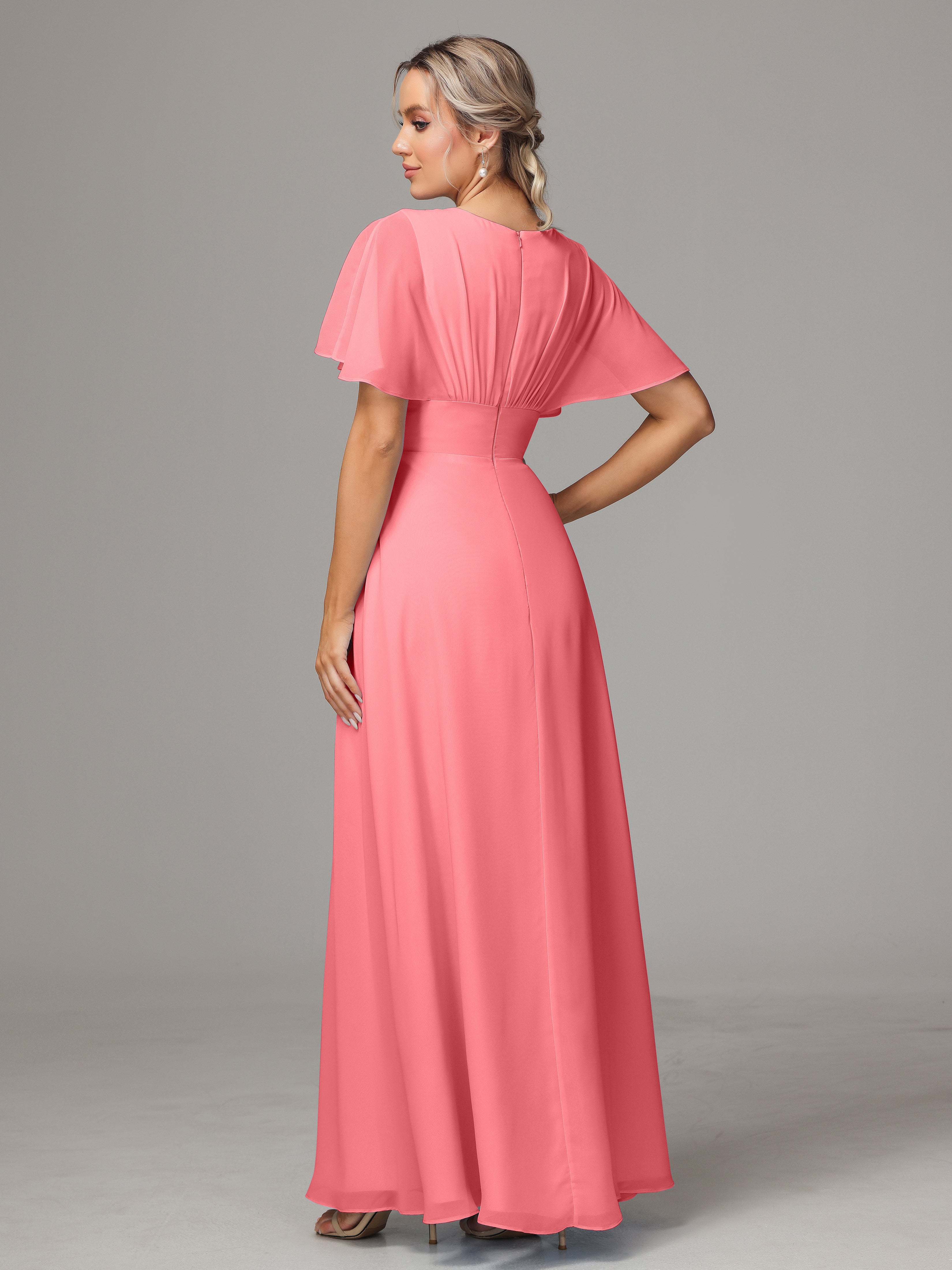 Robes De Demoiselle D'Honneur Pastèque Trapèze Col V Fendue Devant Mousseline Robe Demoiselle D'Honneur