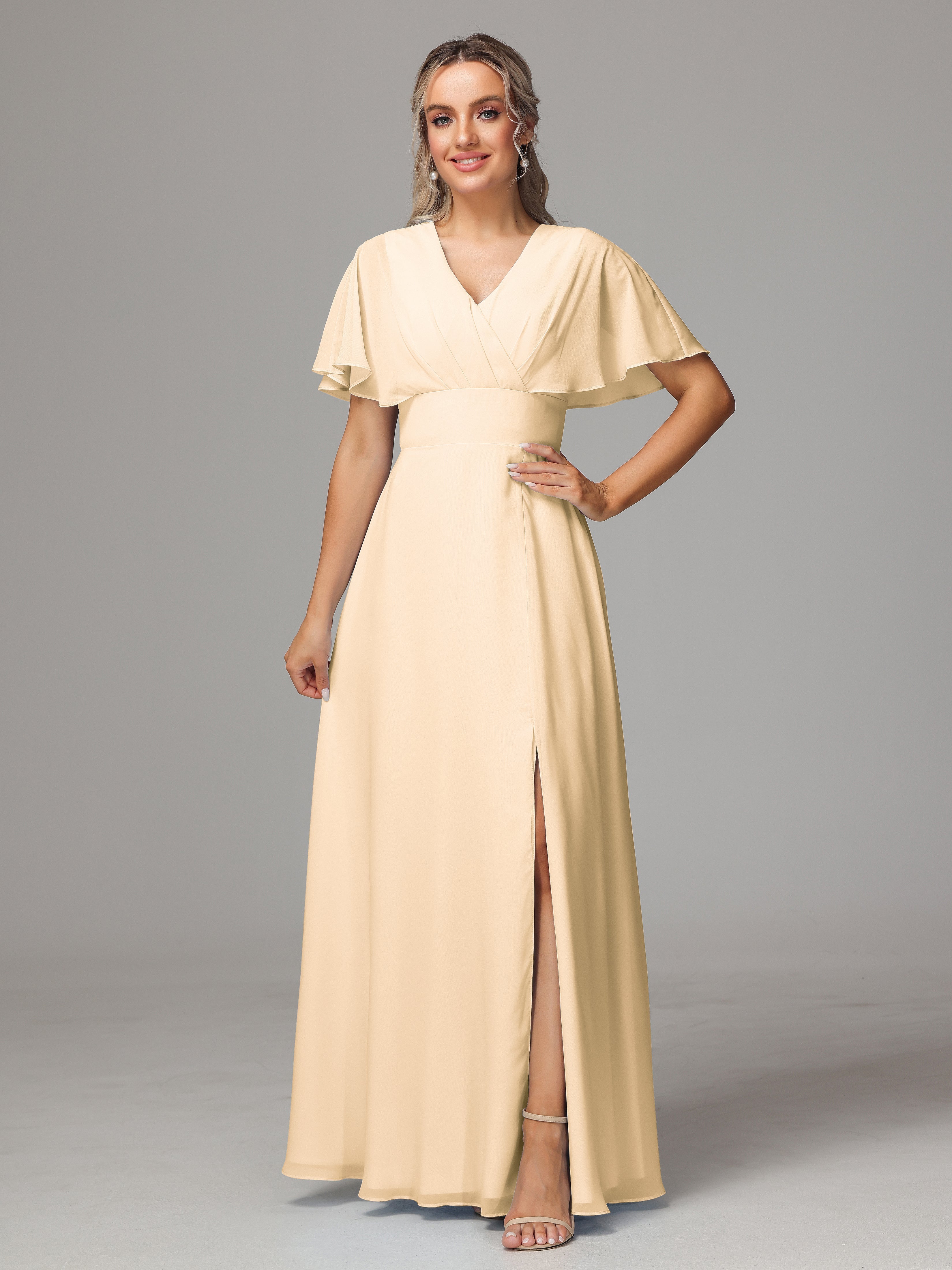 Robe De Demoiselle D Honneur Peche Trapèze Col V Fendue Devant Mousseline Robe Demoiselle D'Honneur