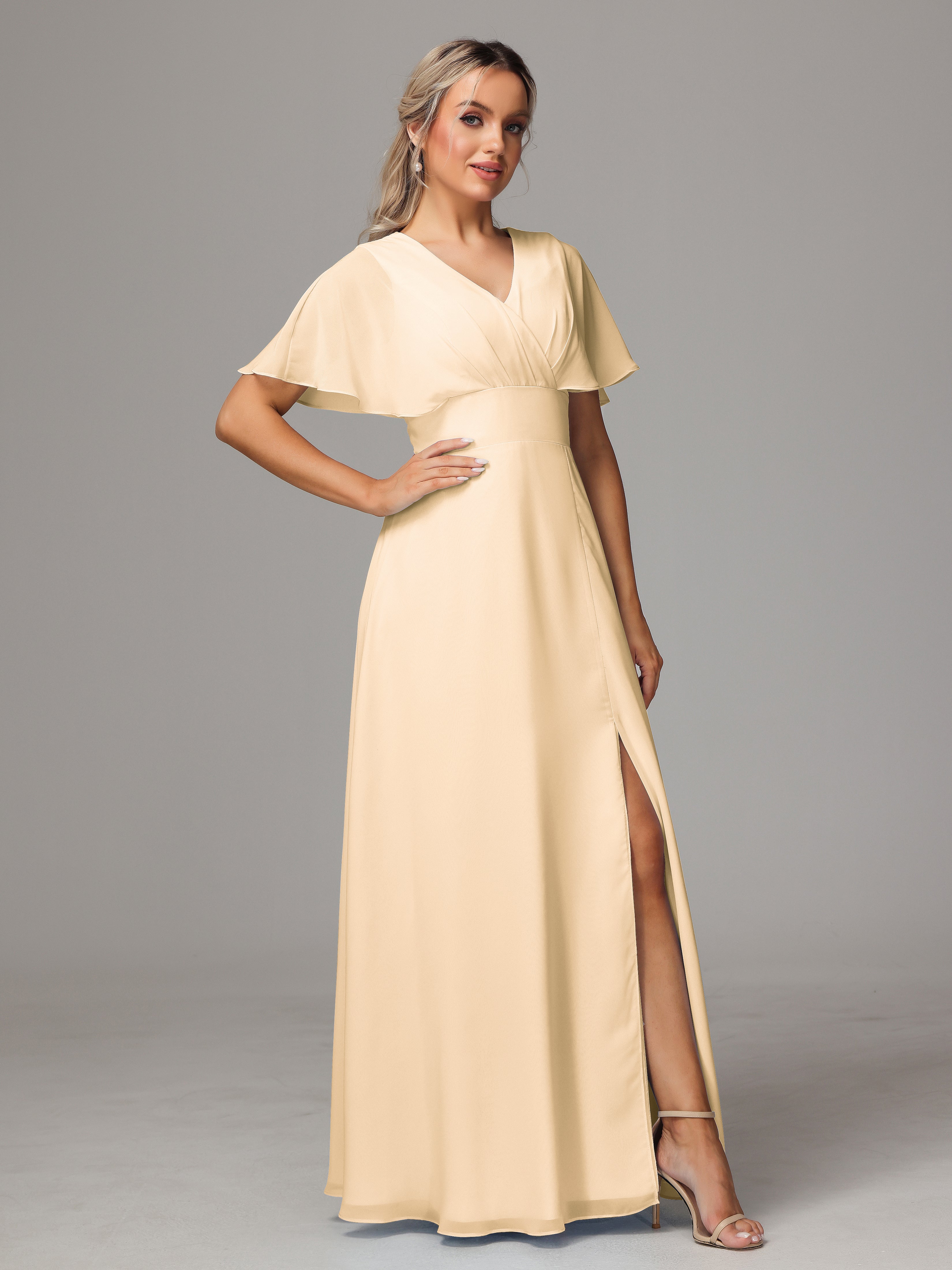 Robe De Demoiselle D Honneur Peche Trapèze Col V Fendue Devant Mousseline Robe Demoiselle D'Honneur