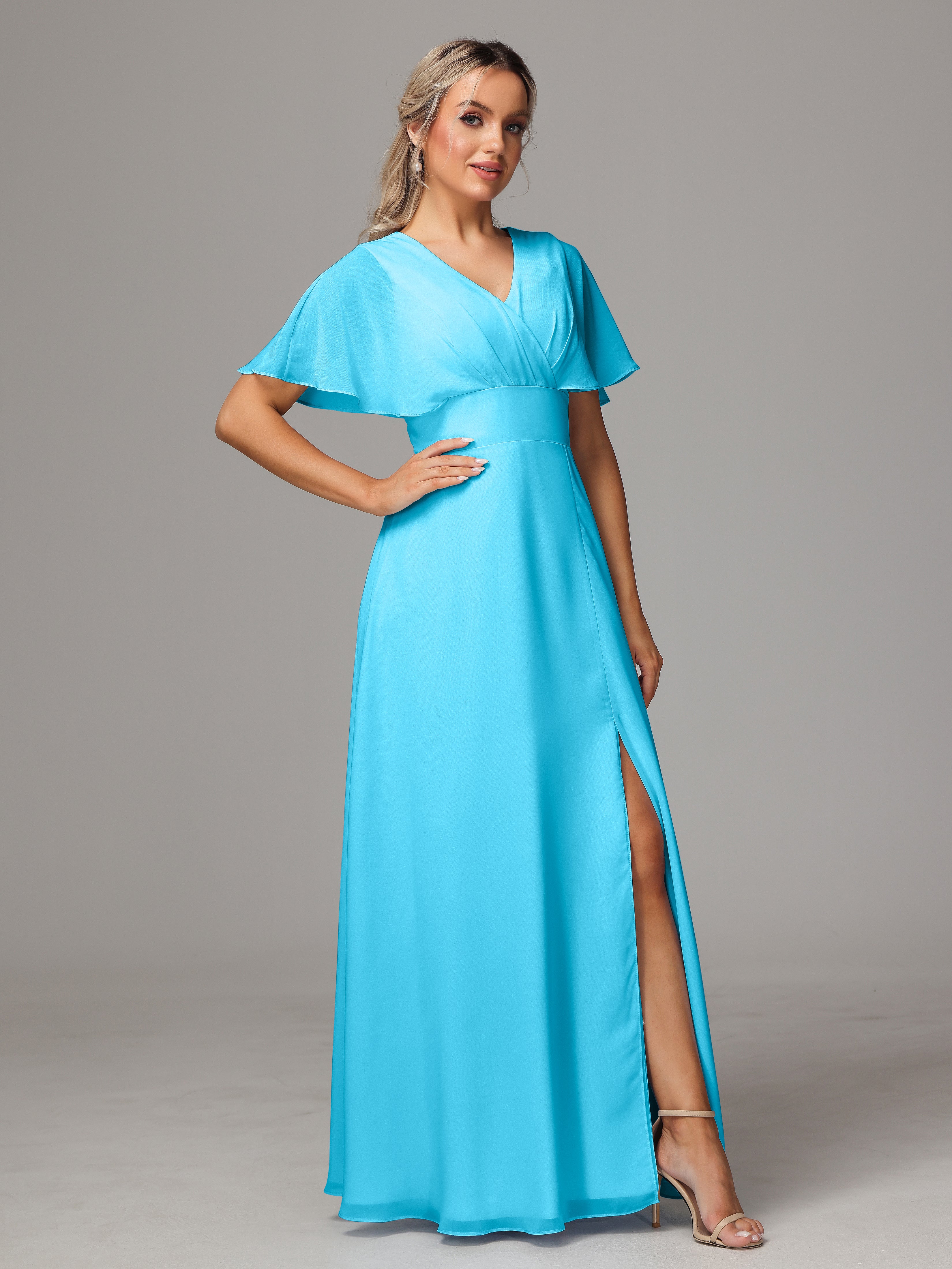 Robe De Demoiselle D'Honneur En Piscine Trapèze Col V Fendue Devant Mousseline Robe Demoiselle D'Honneur