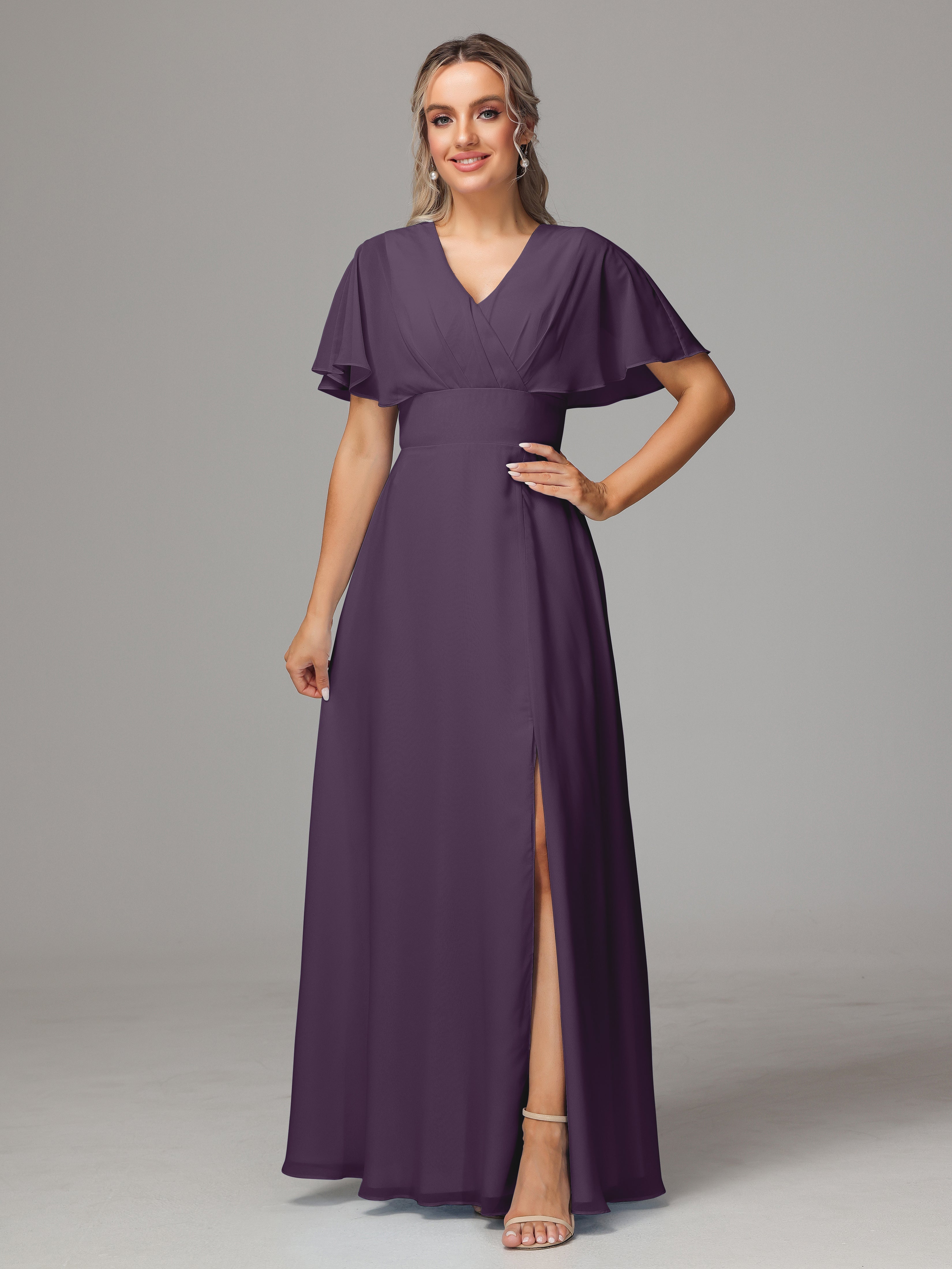 Robe Demoiselle D Honneur Plume Trapèze Col V Fendue Devant Mousseline Robe Demoiselle D'Honneur