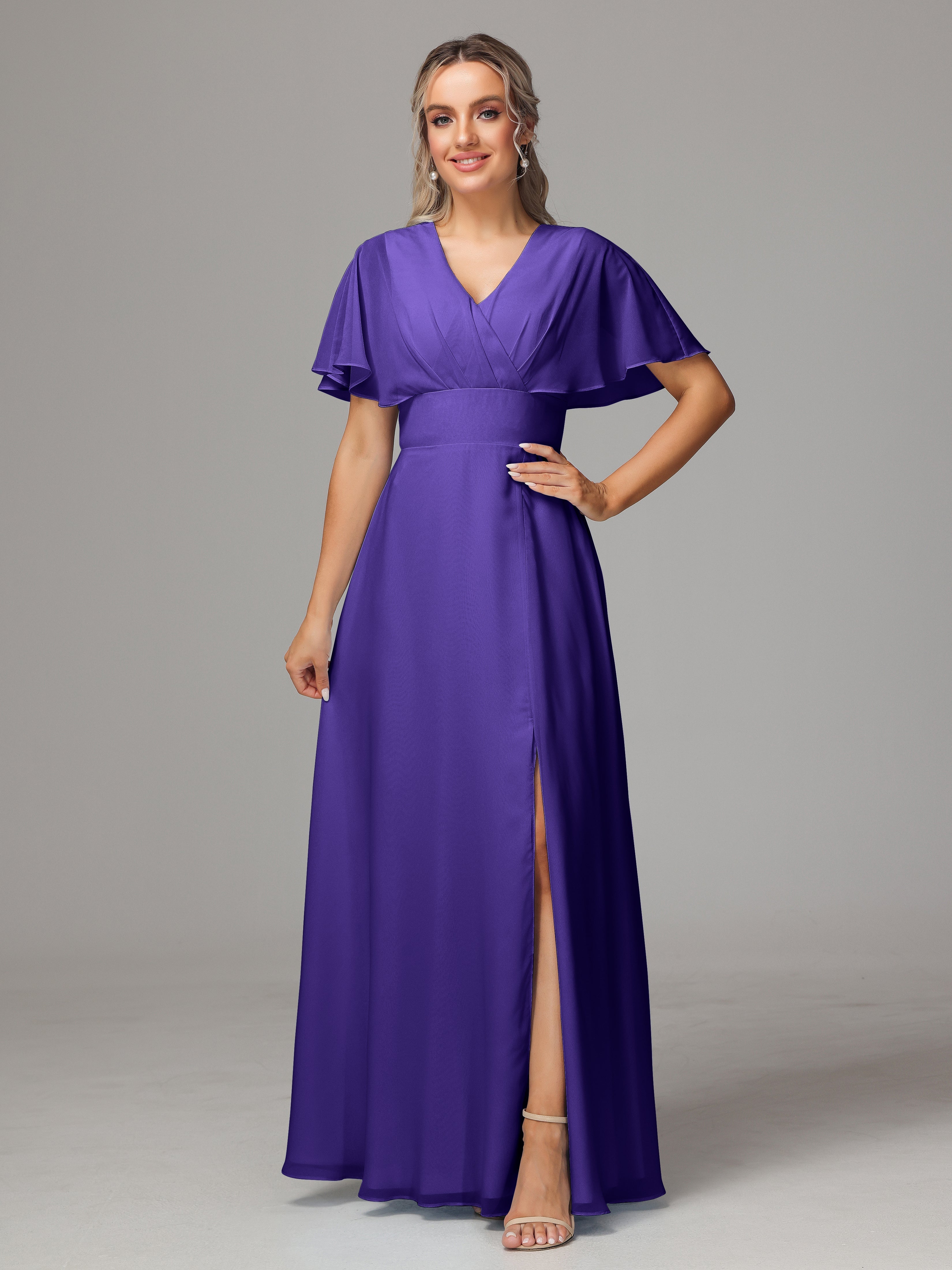 Robes De Demoiselle D'Honneur En Régence Trapèze Col V Fendue Devant Mousseline Robe Demoiselle D'Honneur