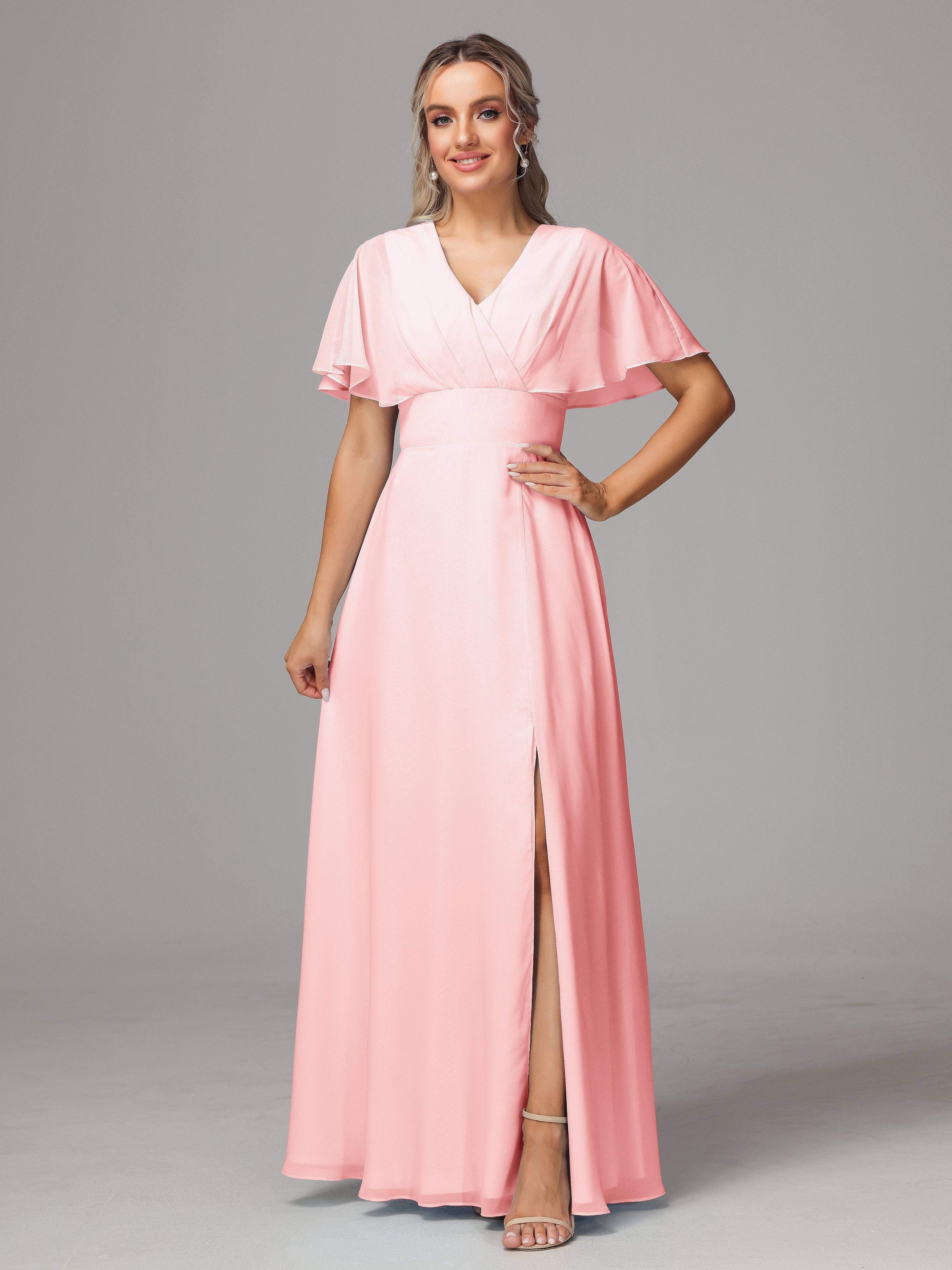 Robe Demoiselle Dhonneur Rose Trapèze Col V Fendue Devant Mousseline Robe Demoiselle D'Honneur