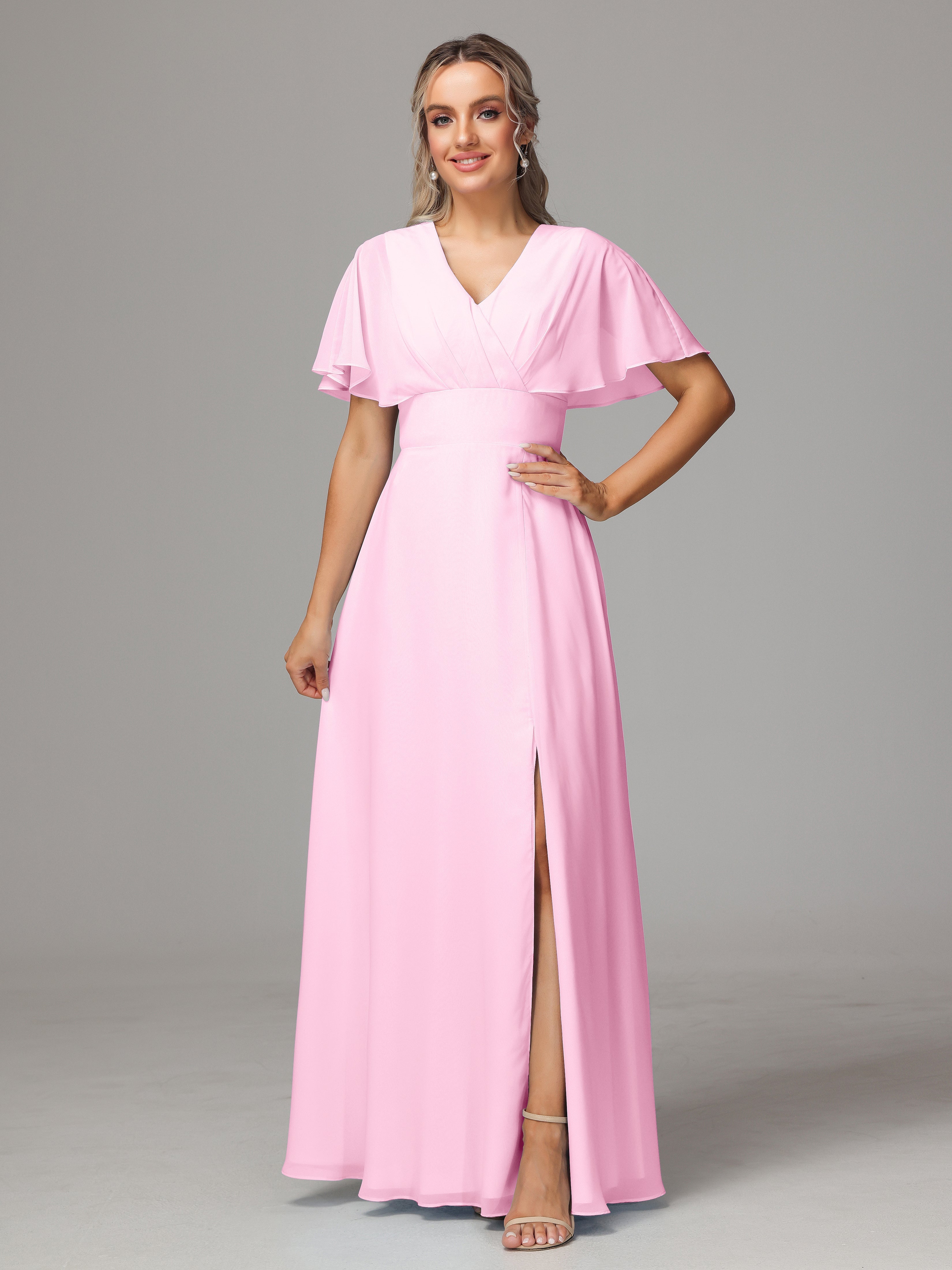 Robe Demoiselle D Honneur Rose Bonbon Trapèze Col V Fendue Devant Mousseline Robe Demoiselle D'Honneur