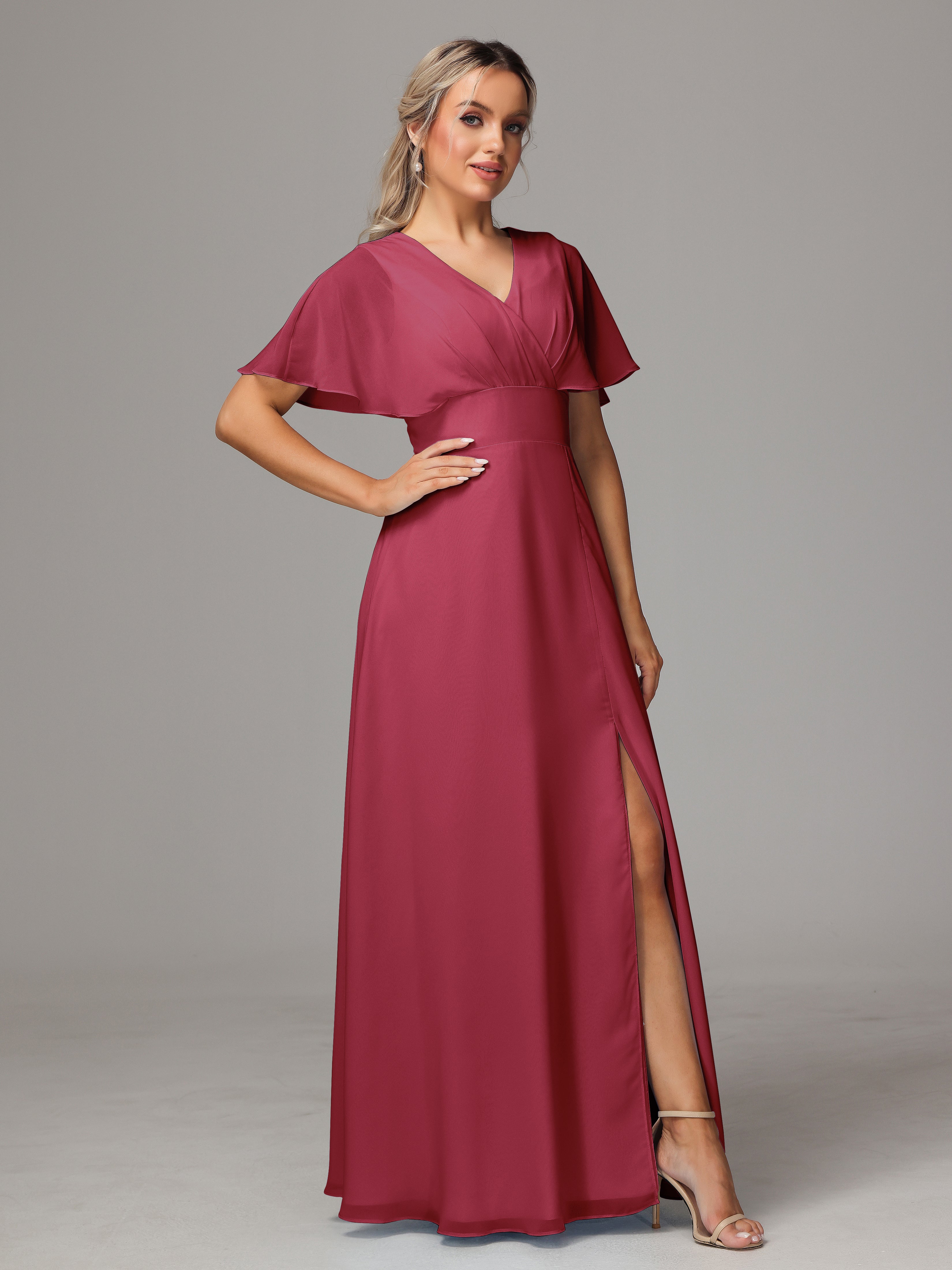 Robe Demoiselle D Honneur Rose Cannelle Trapèze Col V Fendue Devant Mousseline Robe Demoiselle D'Honneur