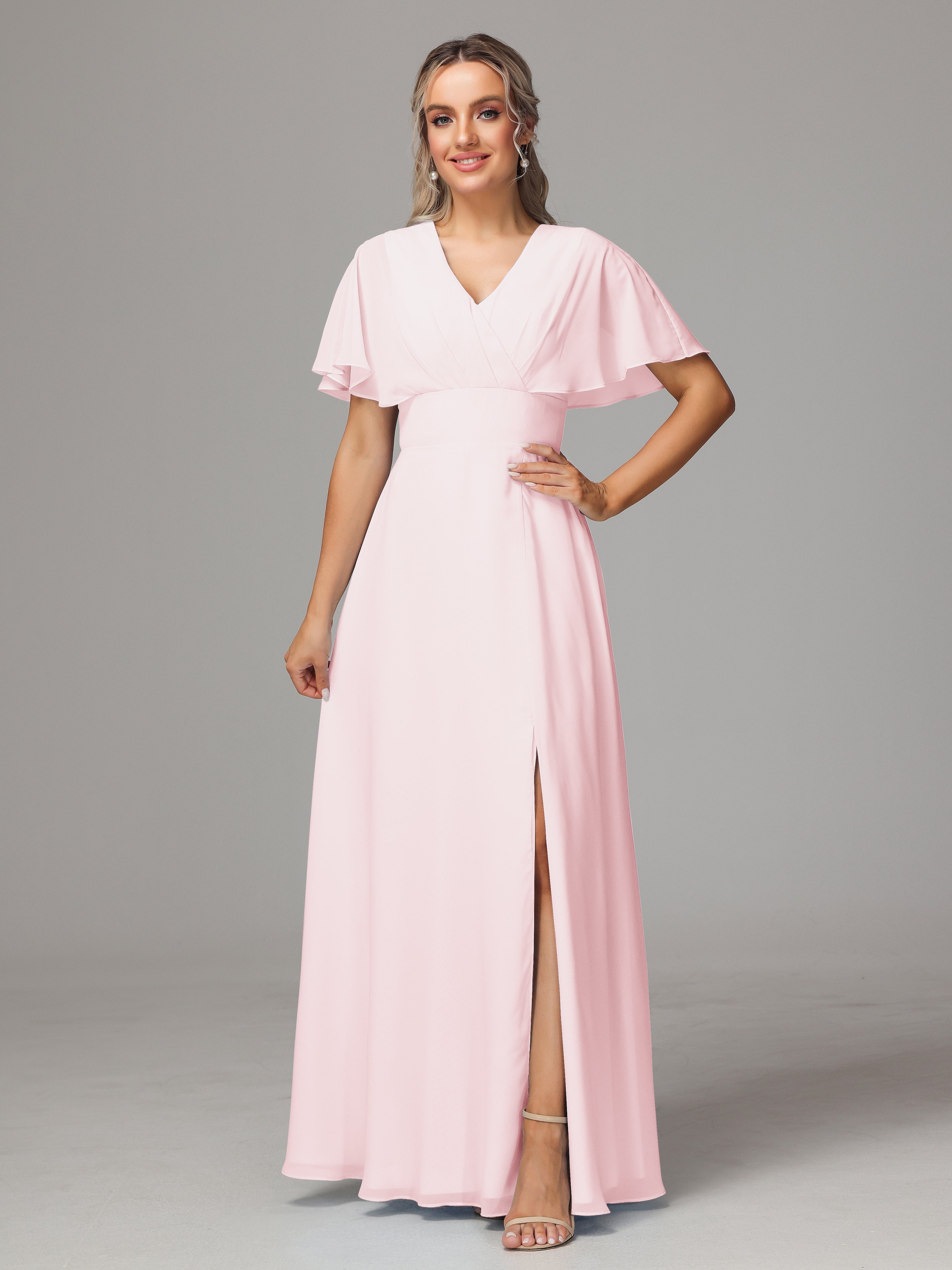 Robe Demoiselle Dhonneur Rose Pale Trapèze Col V Fendue Devant Mousseline Robe Demoiselle D'Honneur