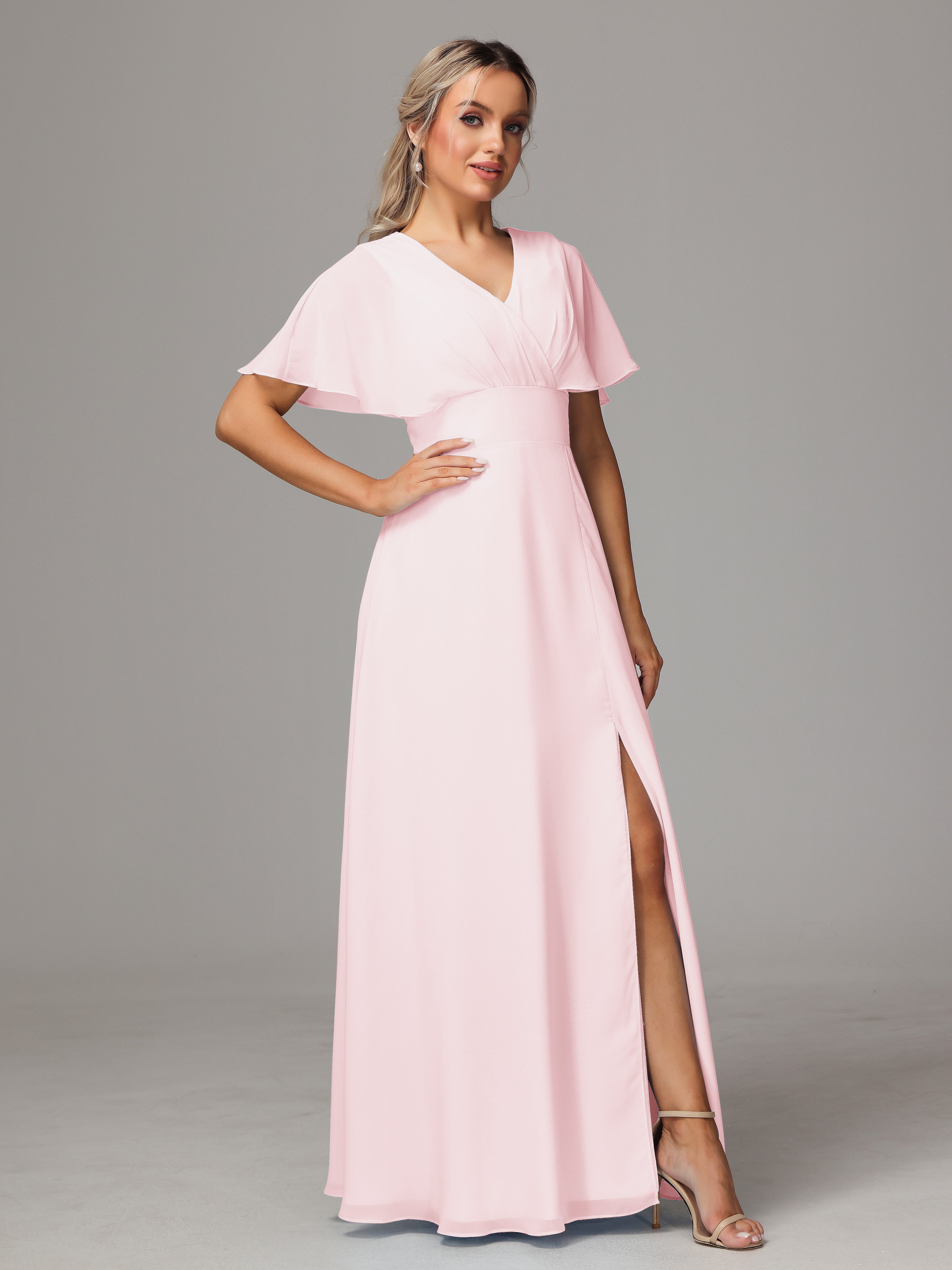 Robe Demoiselle Dhonneur Rose Pale Trapèze Col V Fendue Devant Mousseline Robe Demoiselle D'Honneur