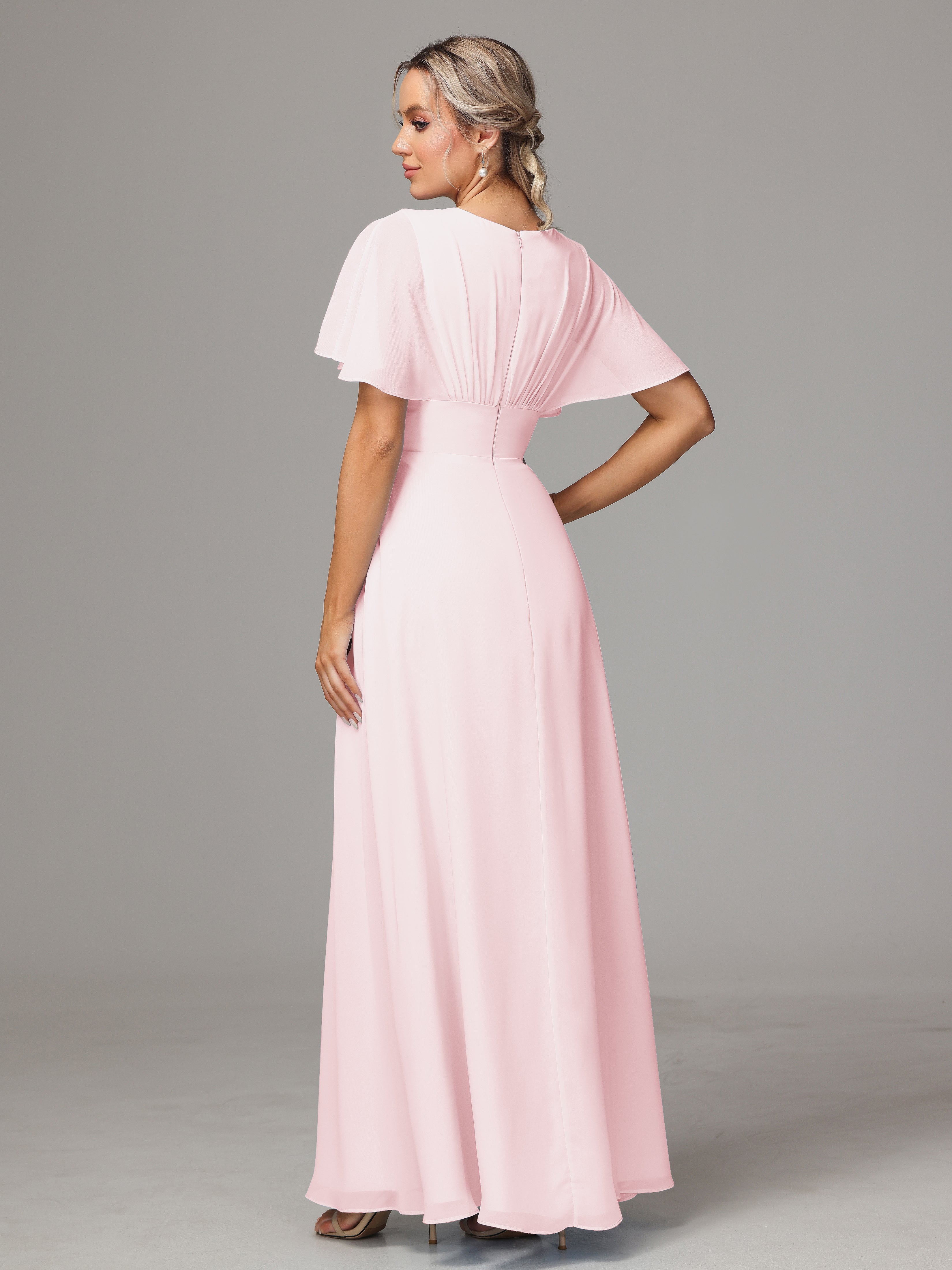 Robe Demoiselle Dhonneur Rose Pale Trapèze Col V Fendue Devant Mousseline Robe Demoiselle D'Honneur