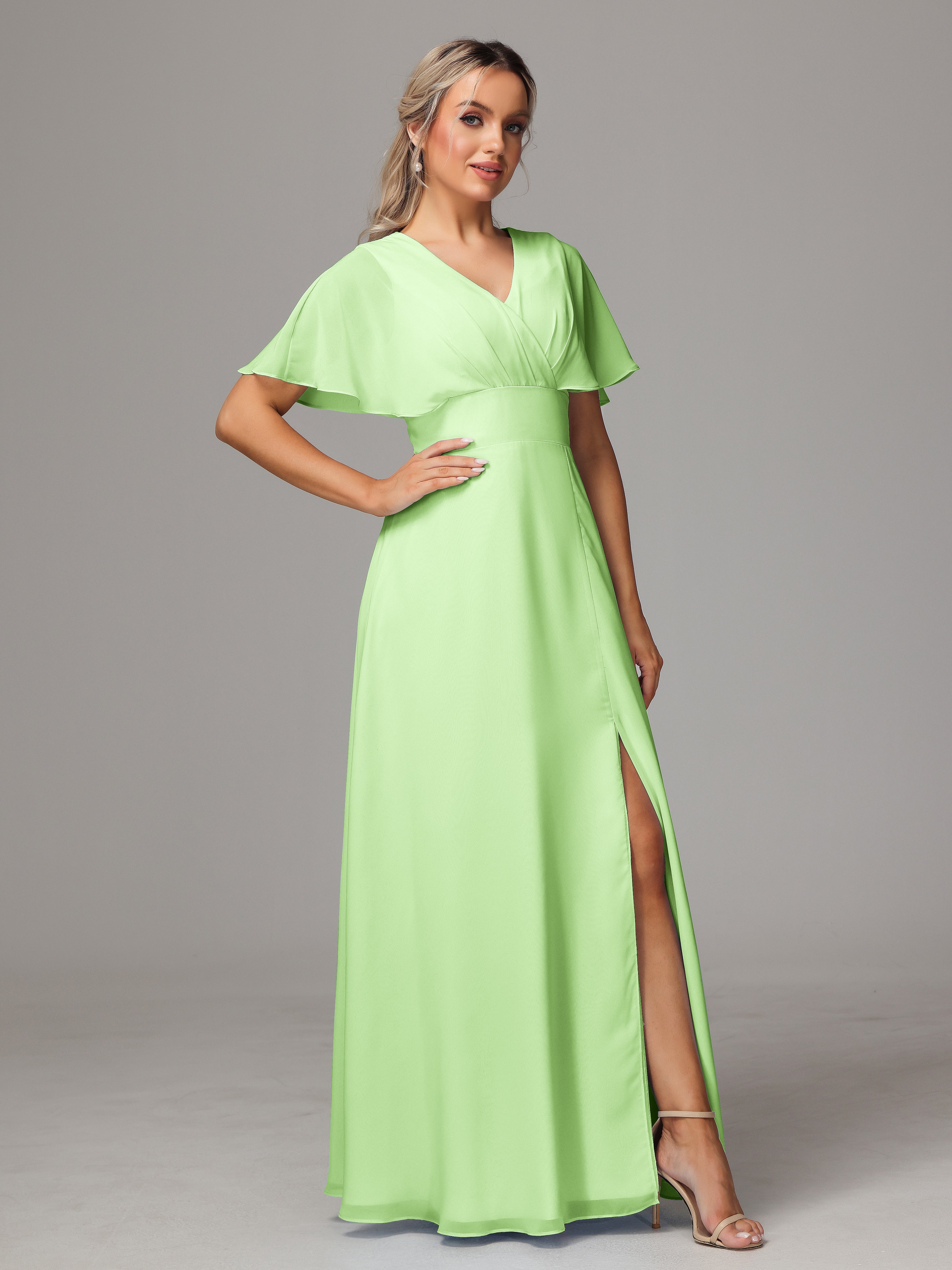 Robe Demoiselle D Honneur Vert Sauge Trapèze Col V Fendue Devant Mousseline Robe Demoiselle D'Honneur