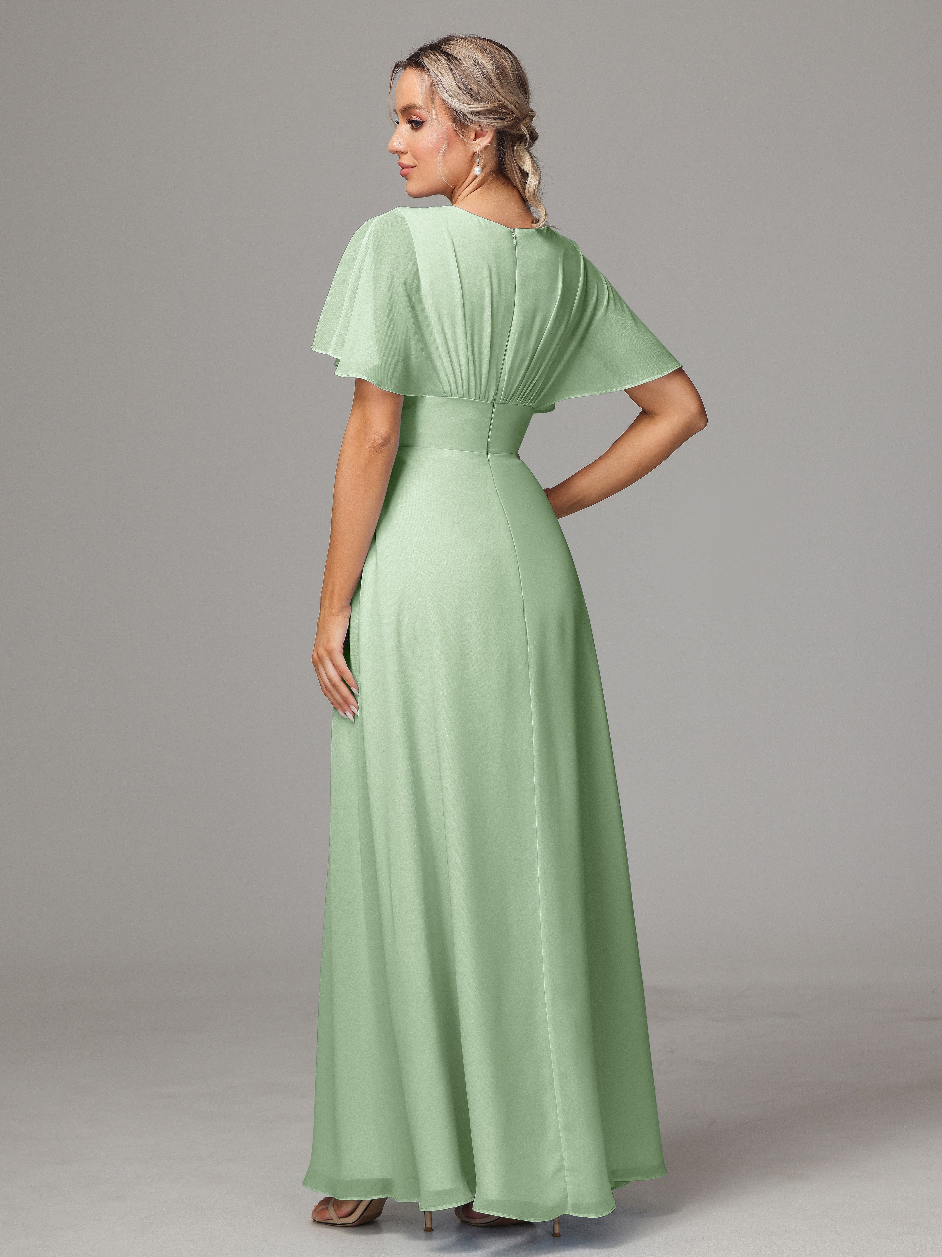 Demoiselles D'Honneur De Sauge Poussiéreuse Trapèze Col V Fendue Devant Mousseline Robe Demoiselle D'Honneur