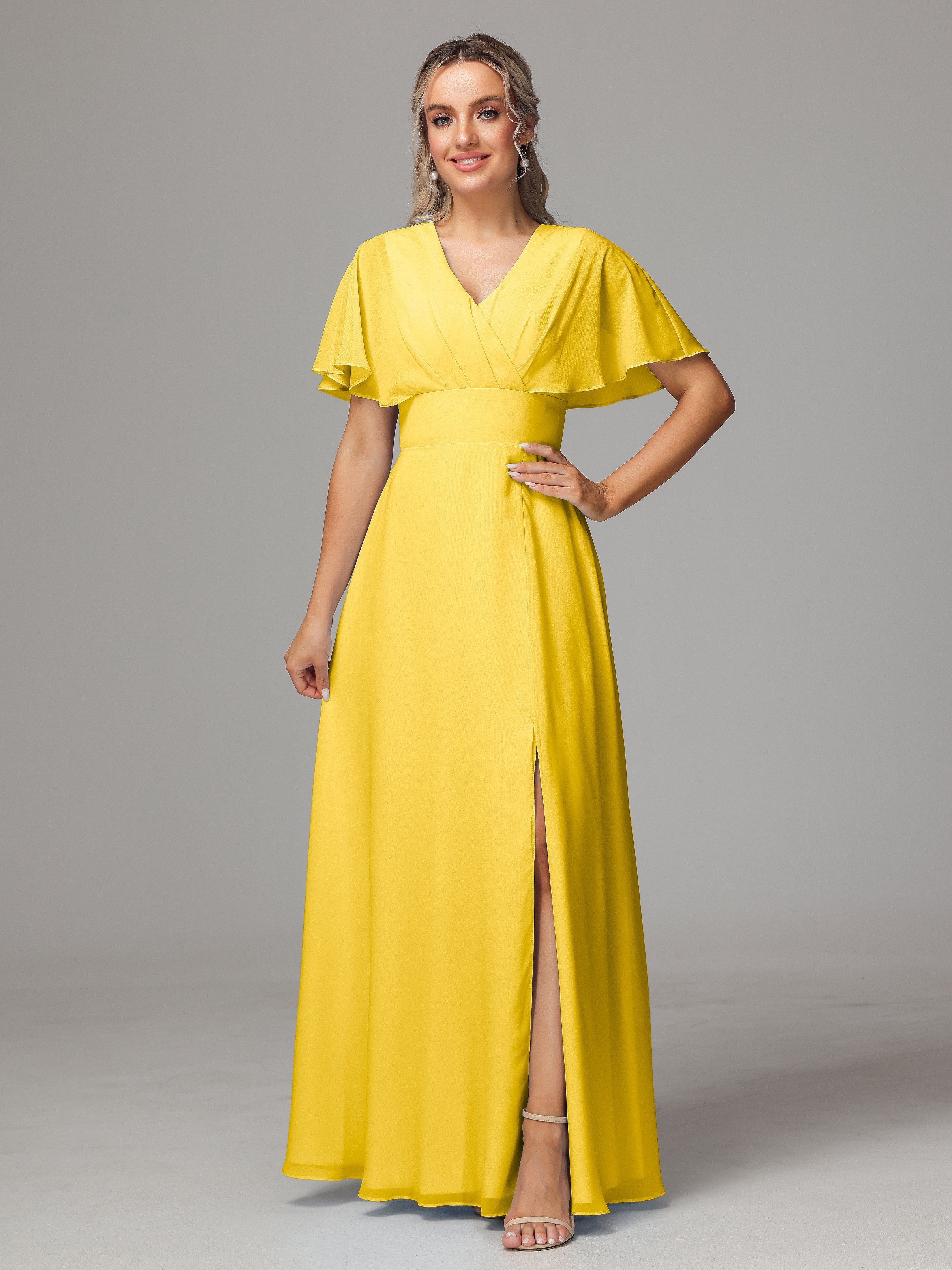 Robe De Demoiselle D'Honneur Souci Trapèze Col V Fendue Devant Mousseline Robe Demoiselle D'Honneur