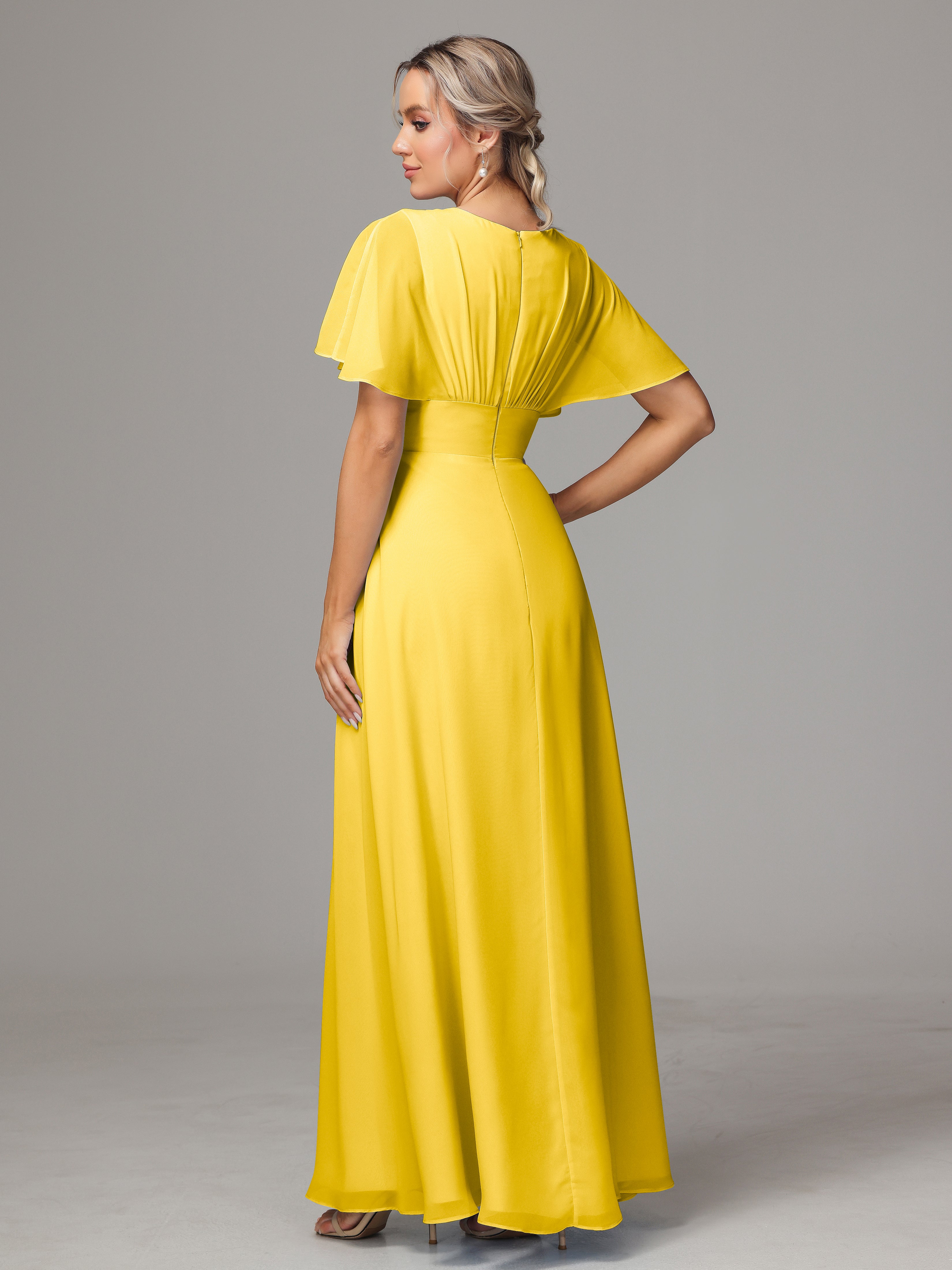 Robe De Demoiselle D'Honneur Souci Trapèze Col V Fendue Devant Mousseline Robe Demoiselle D'Honneur