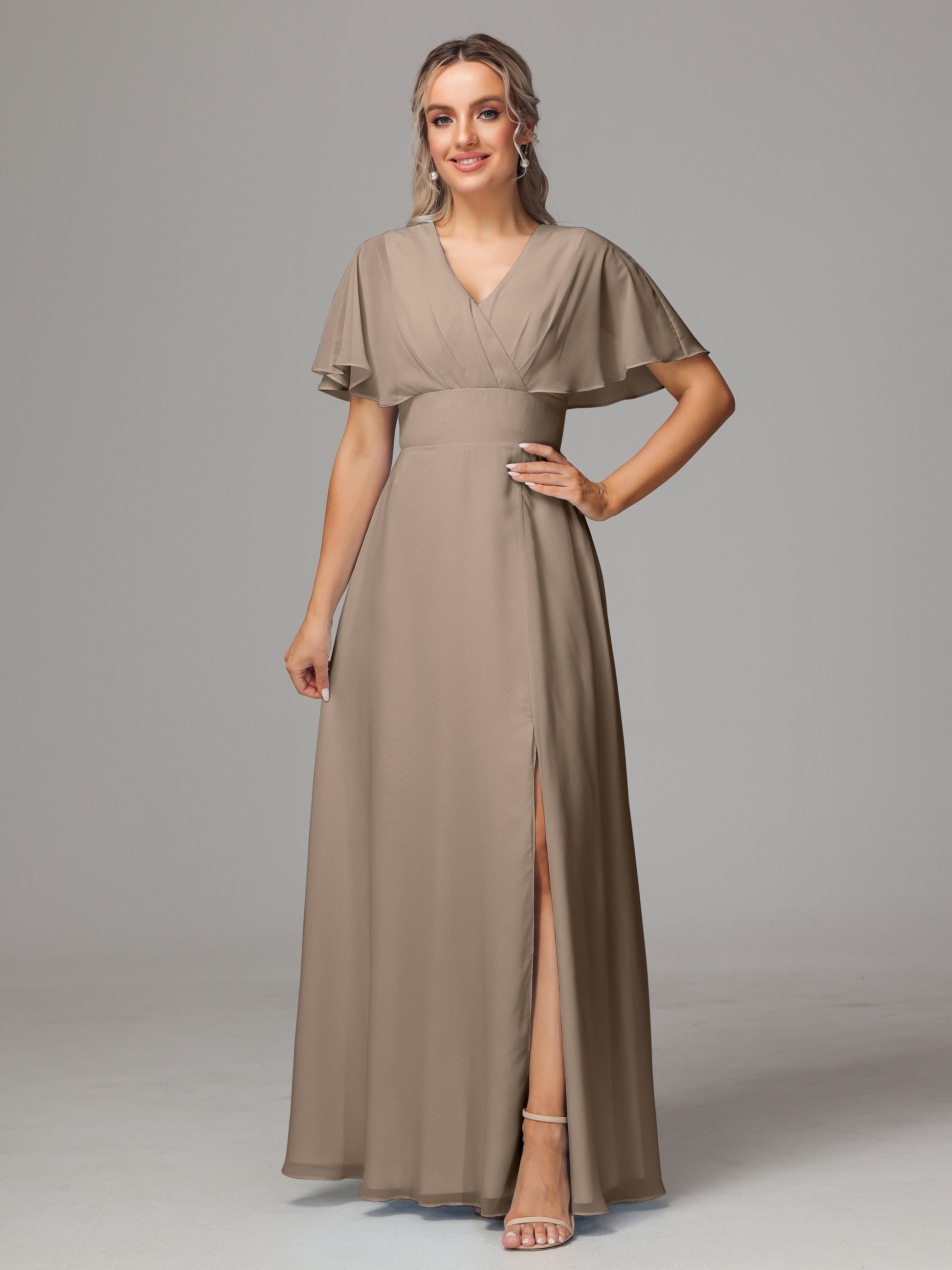 Robe De Couleur Taupe Trapèze Col V Fendue Devant Mousseline Robe Demoiselle D'Honneur