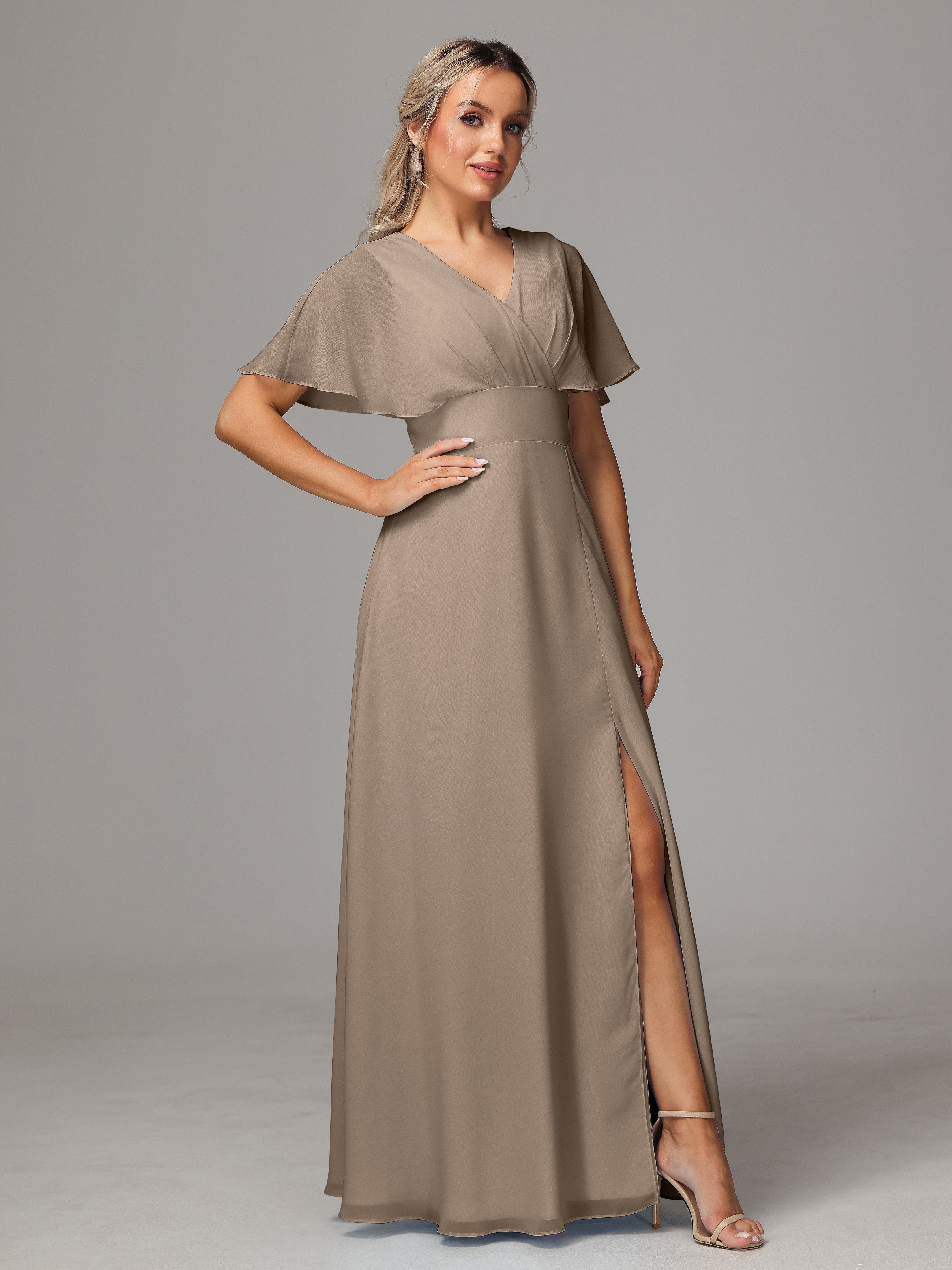 Robe De Couleur Taupe Trapèze Col V Fendue Devant Mousseline Robe Demoiselle D'Honneur