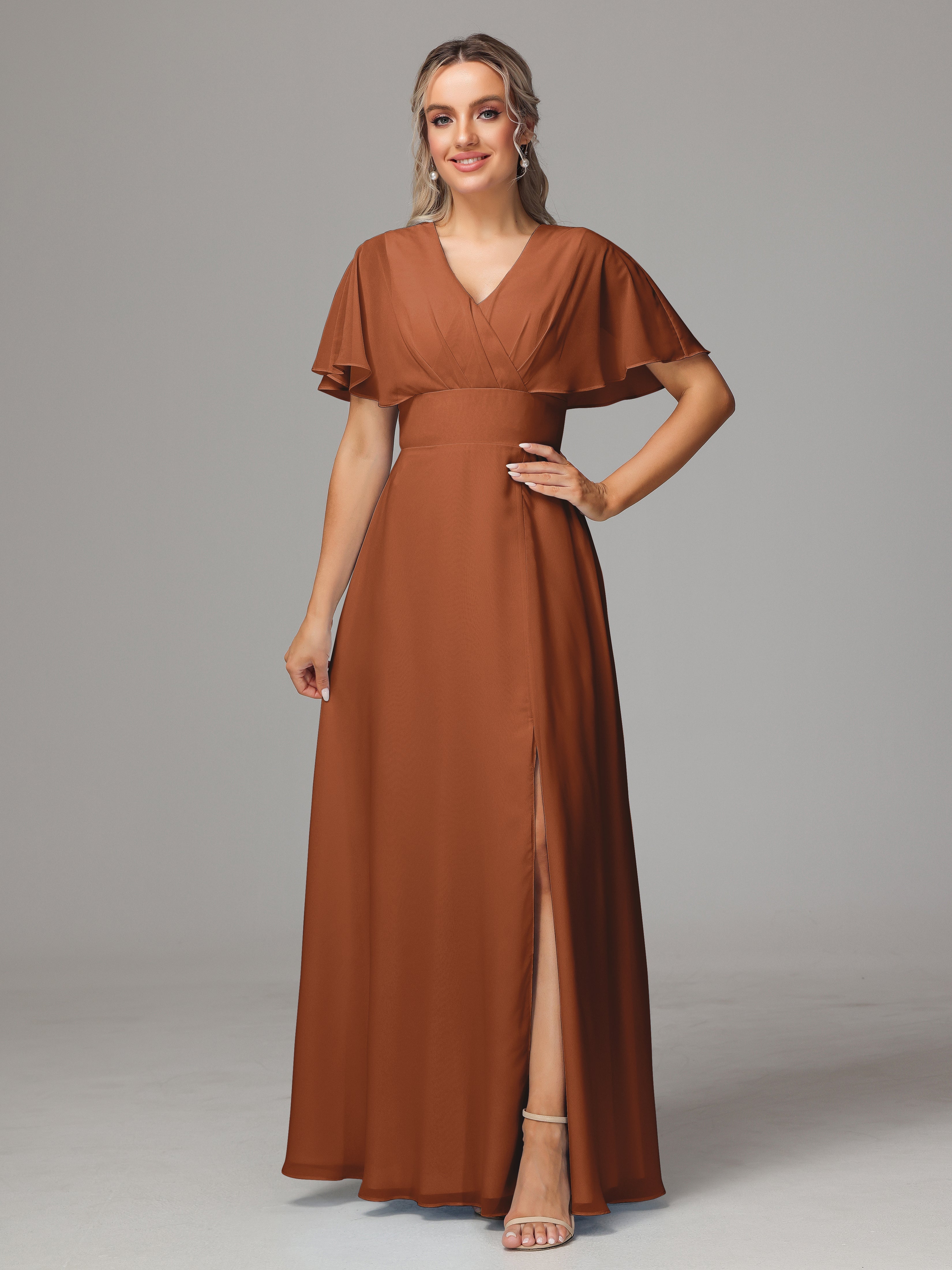 Demoiselle D Honneur Terracotta Trapèze Col V Fendue Devant Mousseline Robe Demoiselle D'Honneur