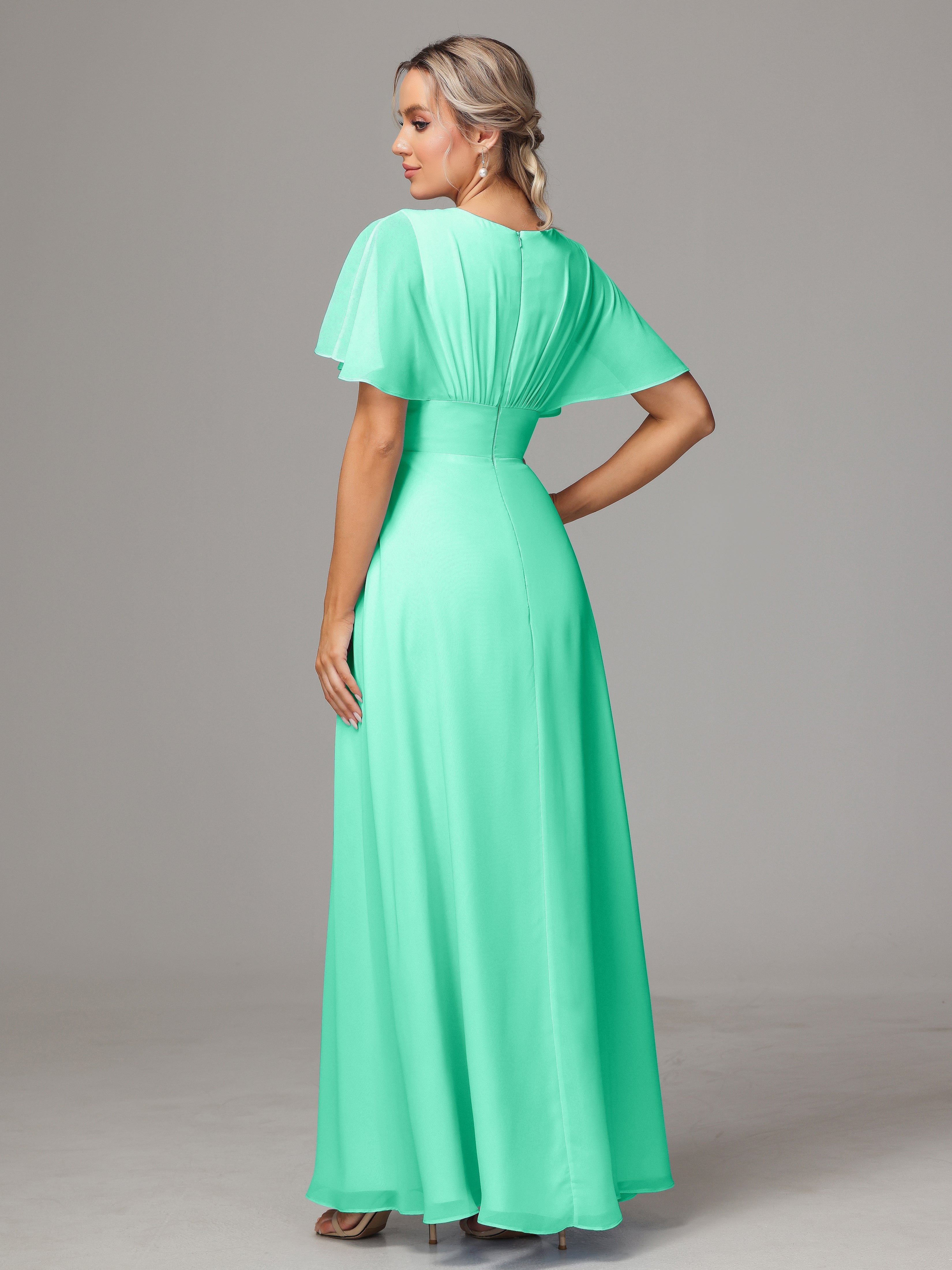 Robe De Demoiselle D Honneur Bleu Turquoise Trapèze Col V Fendue Devant Mousseline Robe Demoiselle D'Honneur