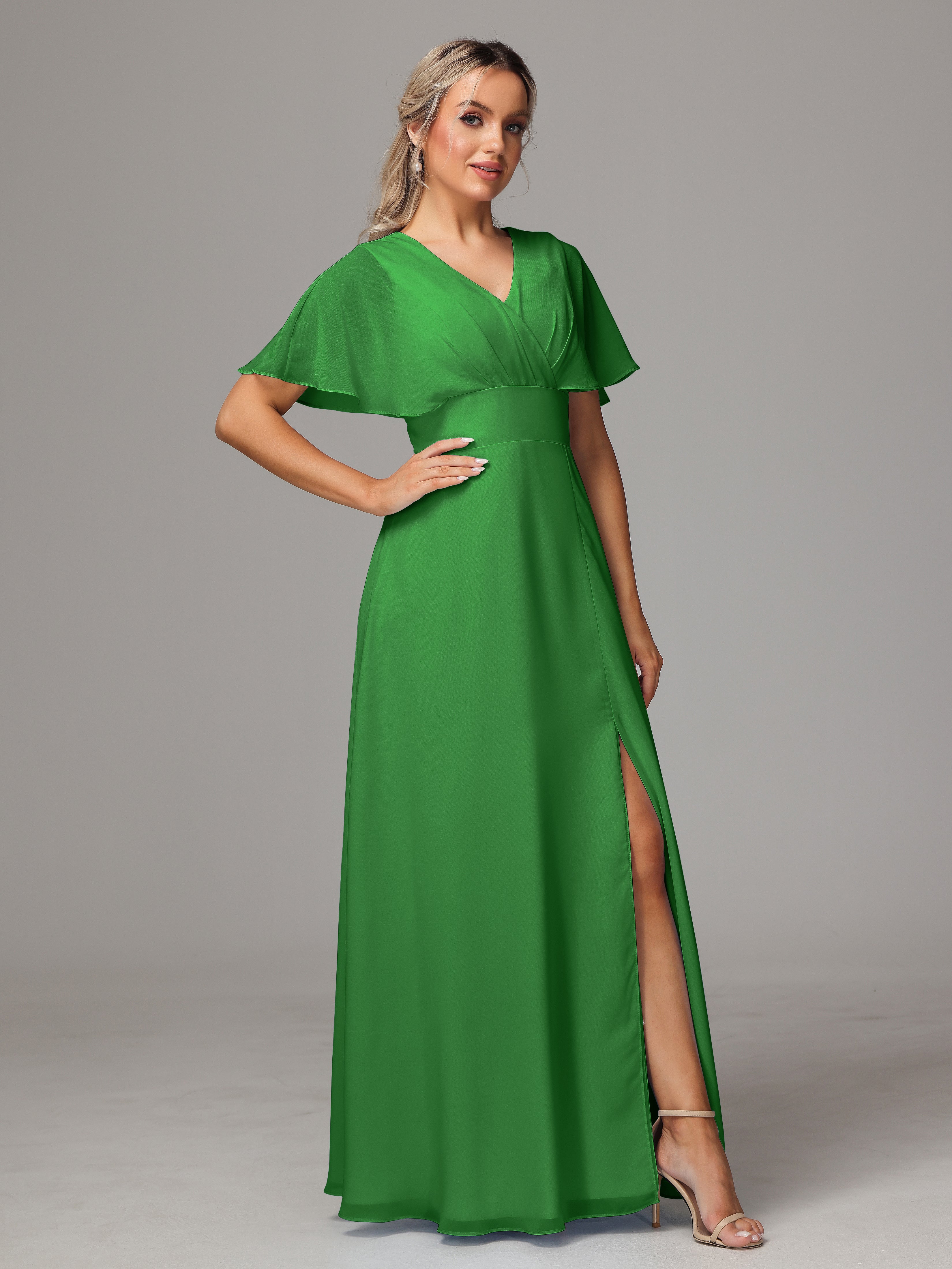 Robe De Demoiselle D'Honneur Verte Trapèze Col V Fendue Devant Mousseline Robe Demoiselle D'Honneur