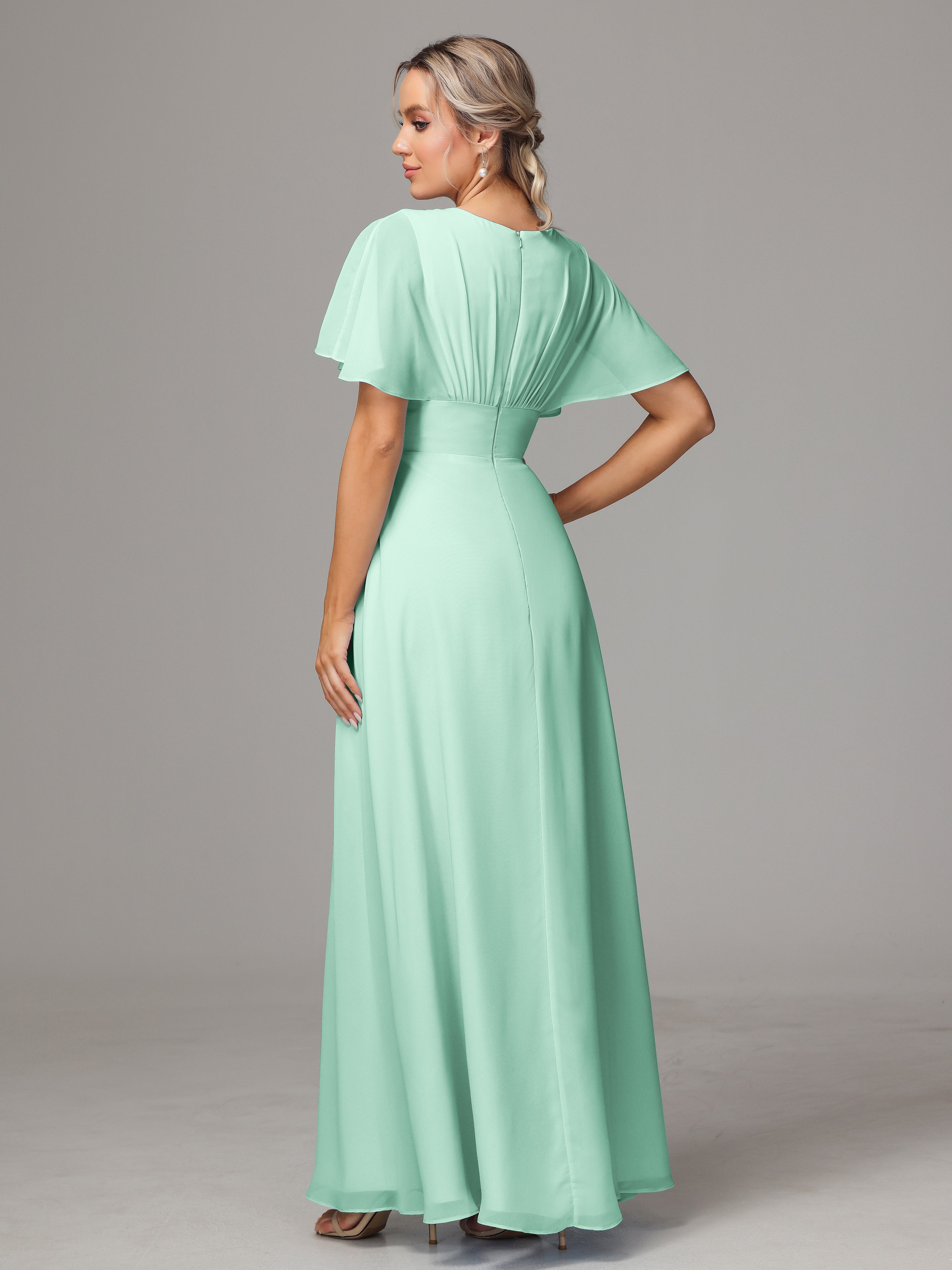 Robe Demoiselle D Honneur Vert Menthe Trapèze Col V Fendue Devant Mousseline Robe Demoiselle D'Honneur