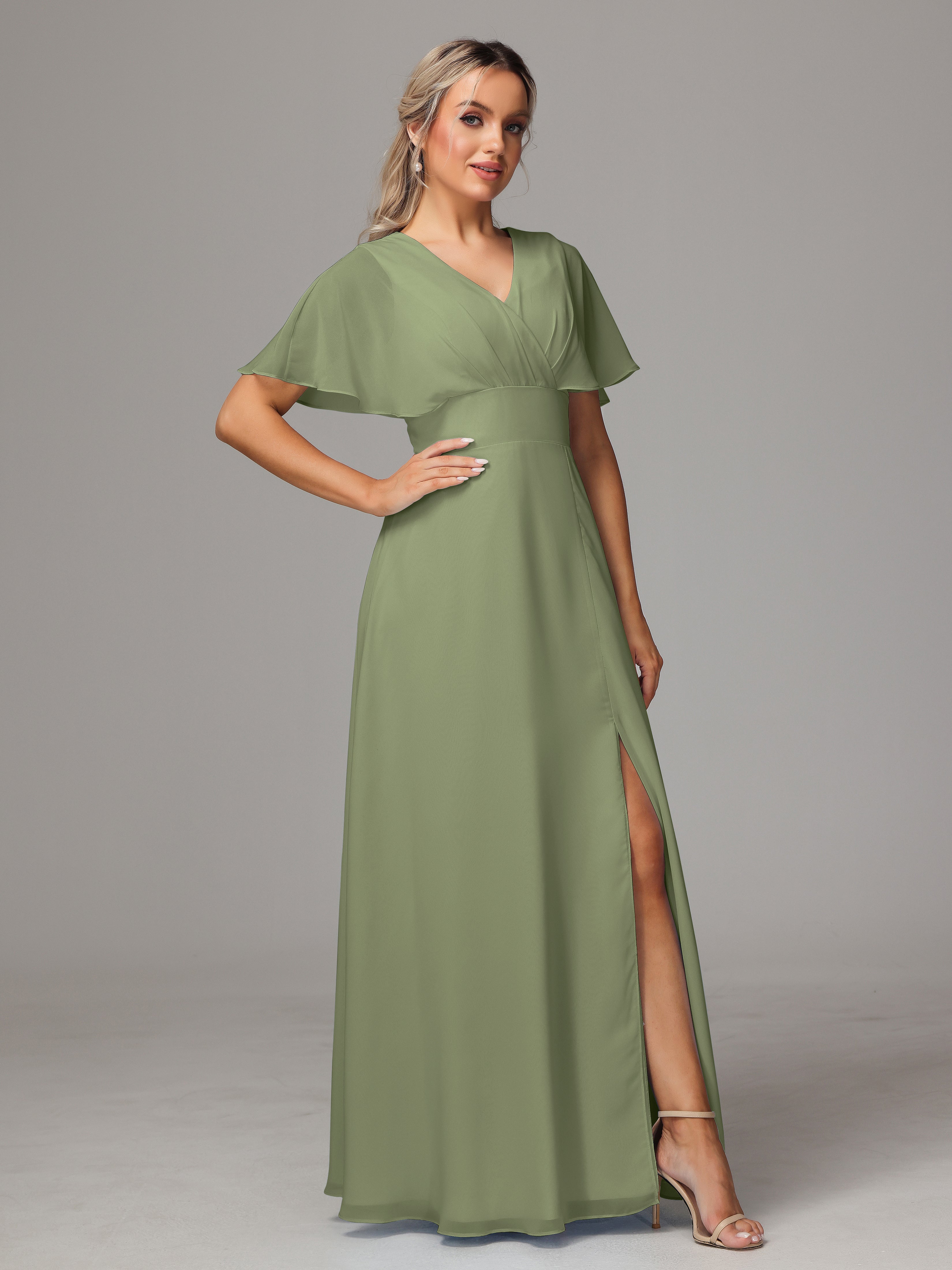 Demoiselle D Honneur Vert Olive Trapèze Col V Fendue Devant Mousseline Robe Demoiselle D'Honneur