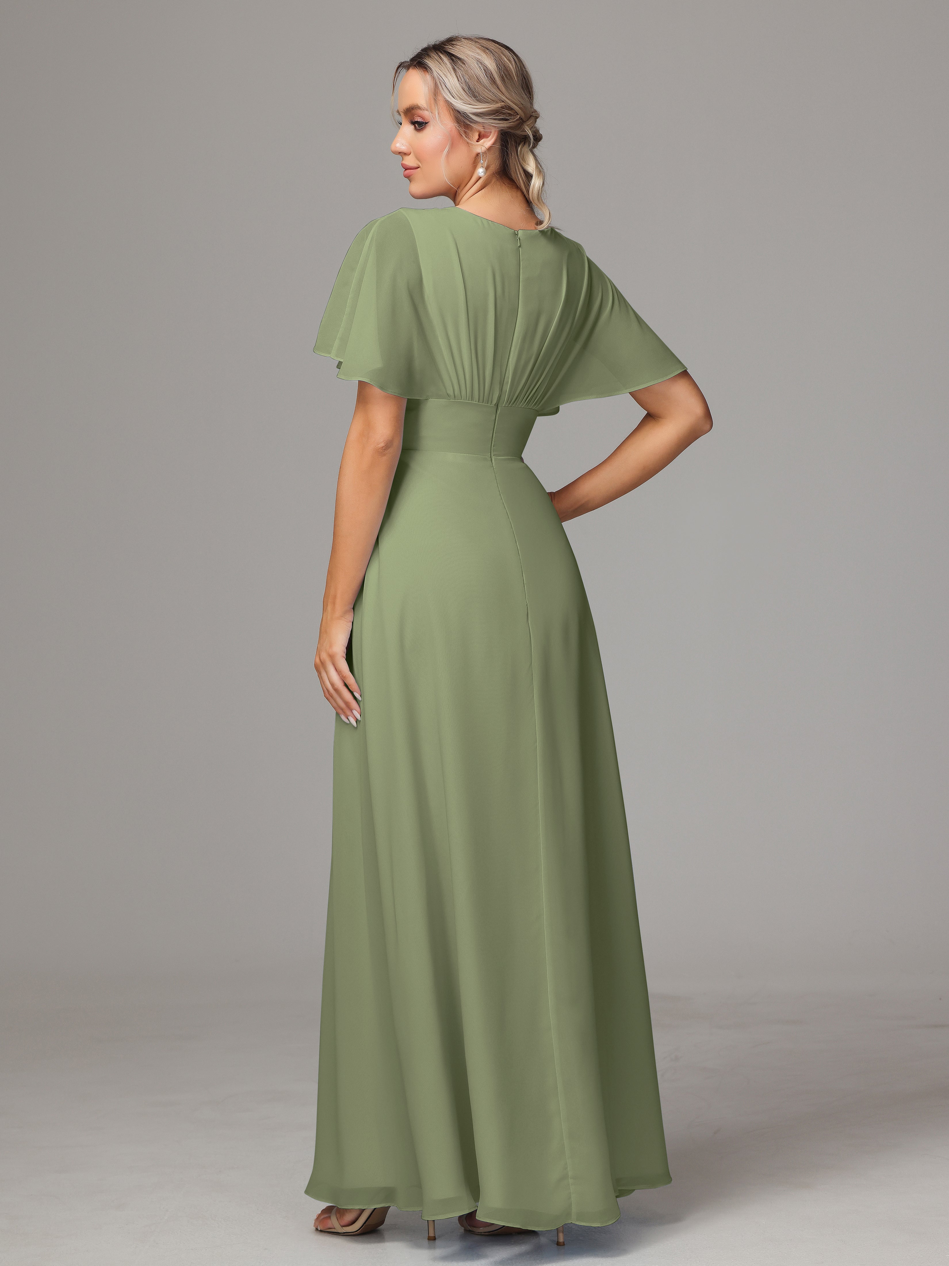 Demoiselle D Honneur Vert Olive Trapèze Col V Fendue Devant Mousseline Robe Demoiselle D'Honneur