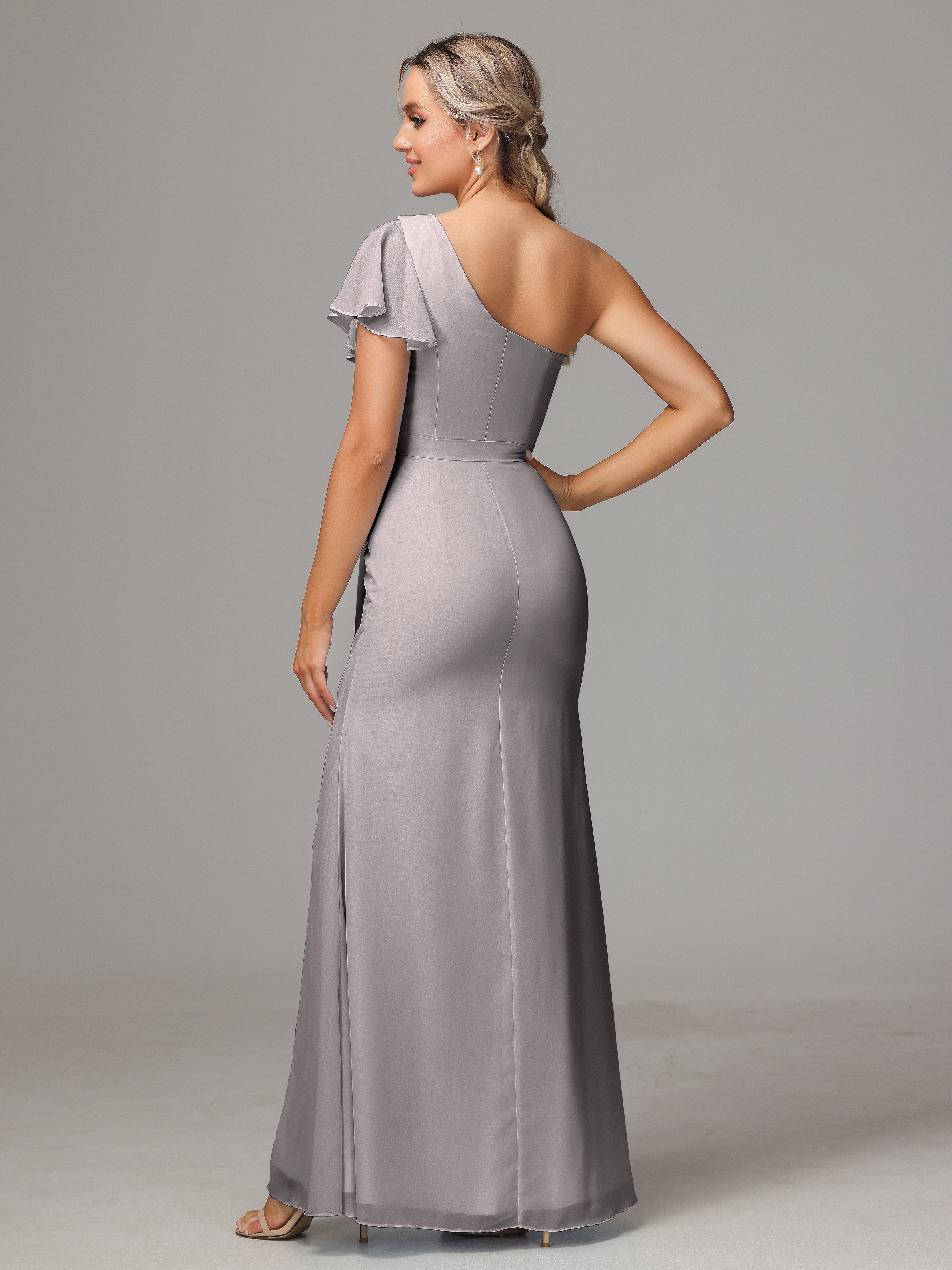 Robe Demoiselle D Honneur Argent Fourreau Seule Épaule Fendue Devant Mousseline Robe Demoiselle D'Honneur