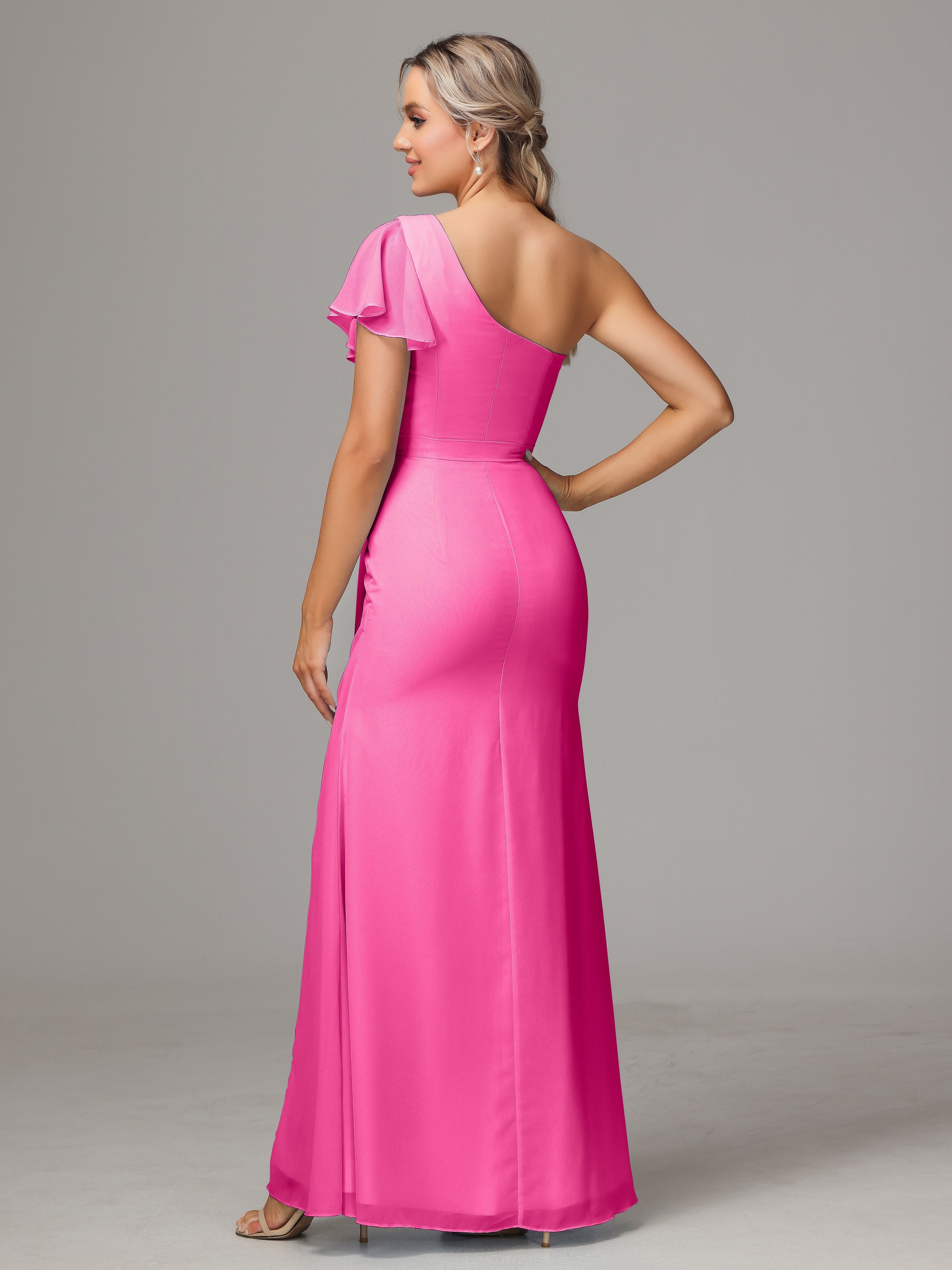Robe Demoiselle D Honneur Azalée Fourreau Seule Épaule Fendue Devant Mousseline Robe Demoiselle D'Honneur