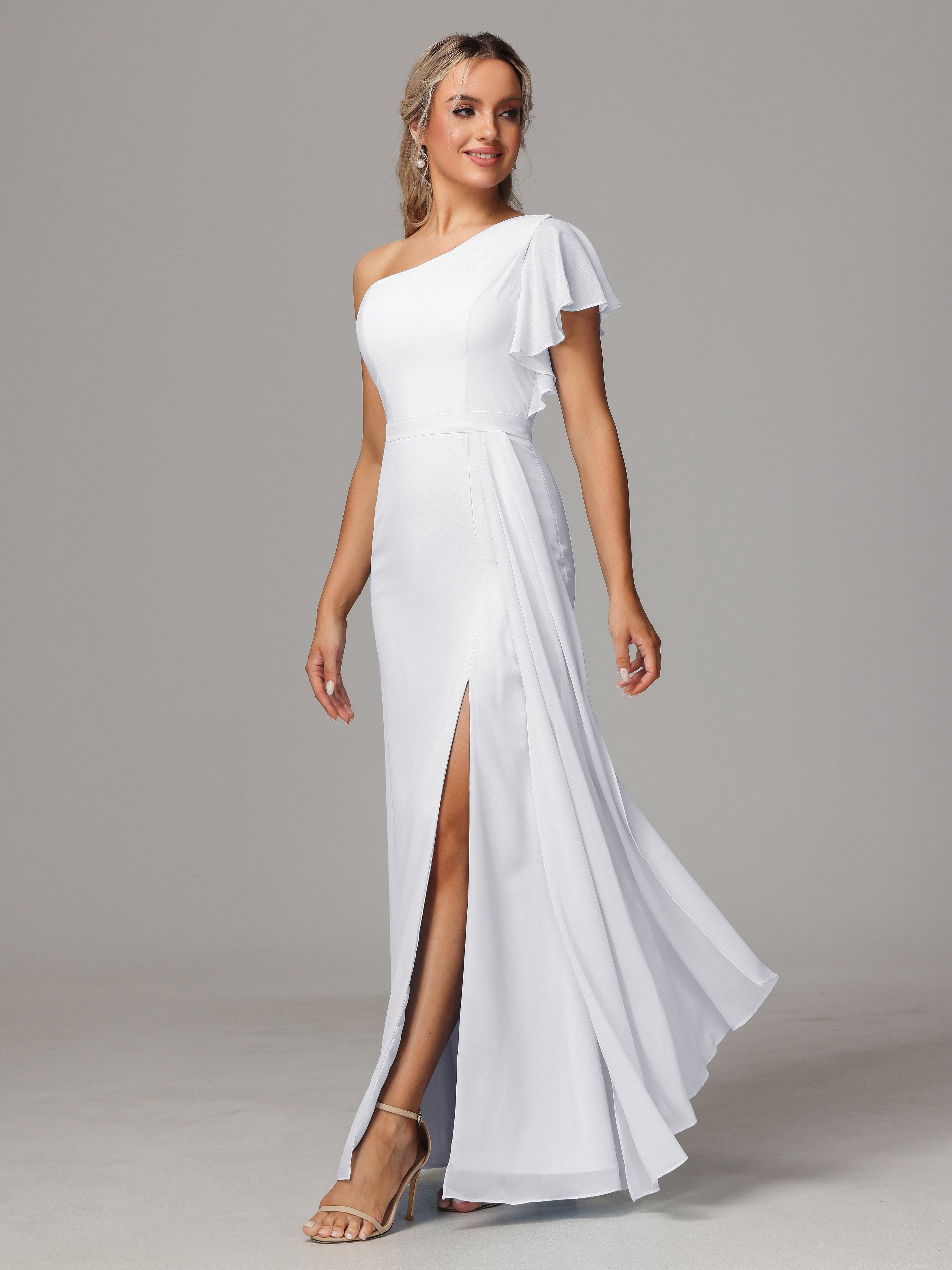 Robe Blanche De Demoiselle D Honneur Fourreau Seule Épaule Fendue Devant Mousseline Robe Demoiselle D'Honneur