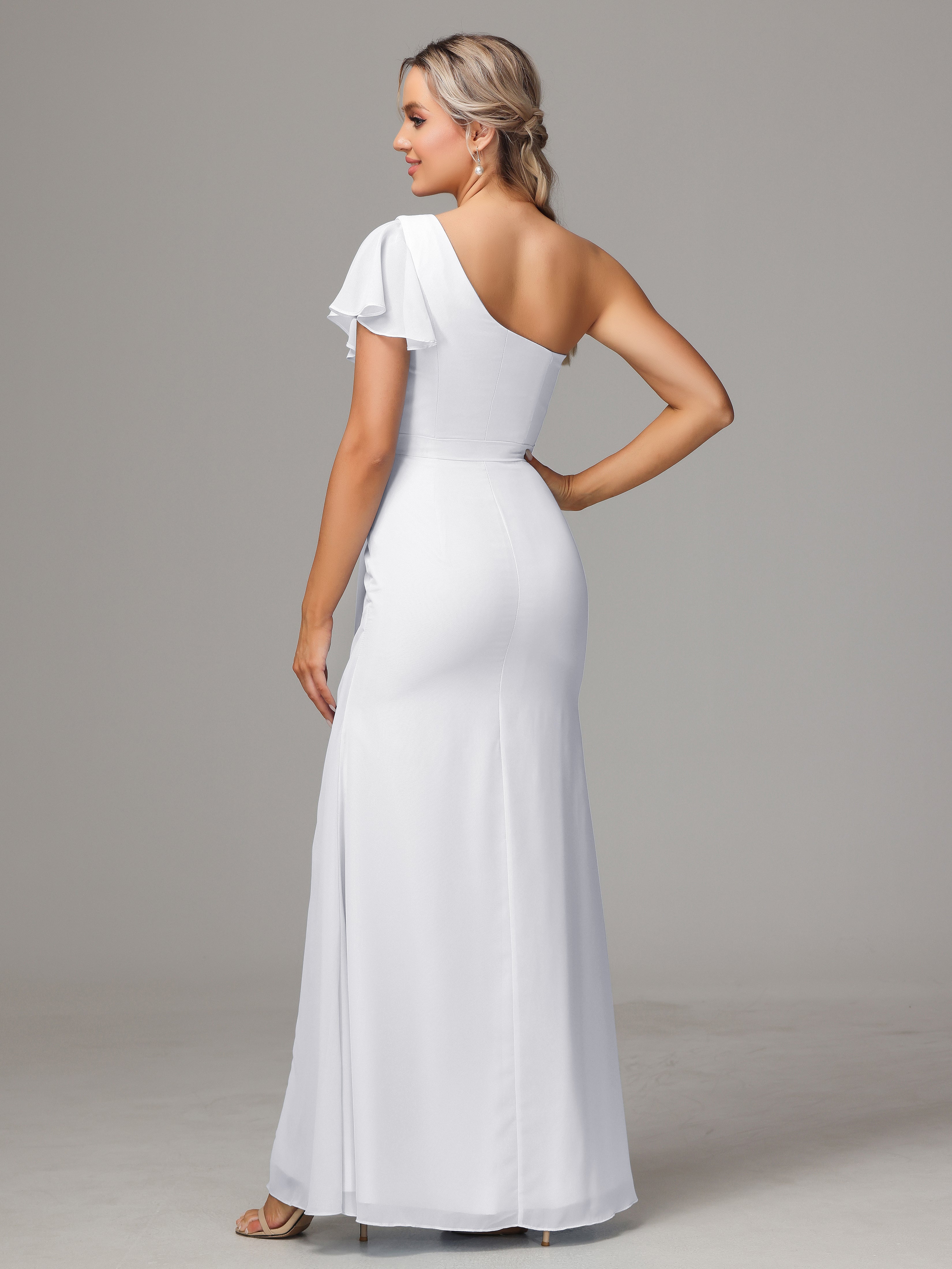 Robe Blanche De Demoiselle D Honneur Fourreau Seule Épaule Fendue Devant Mousseline Robe Demoiselle D'Honneur