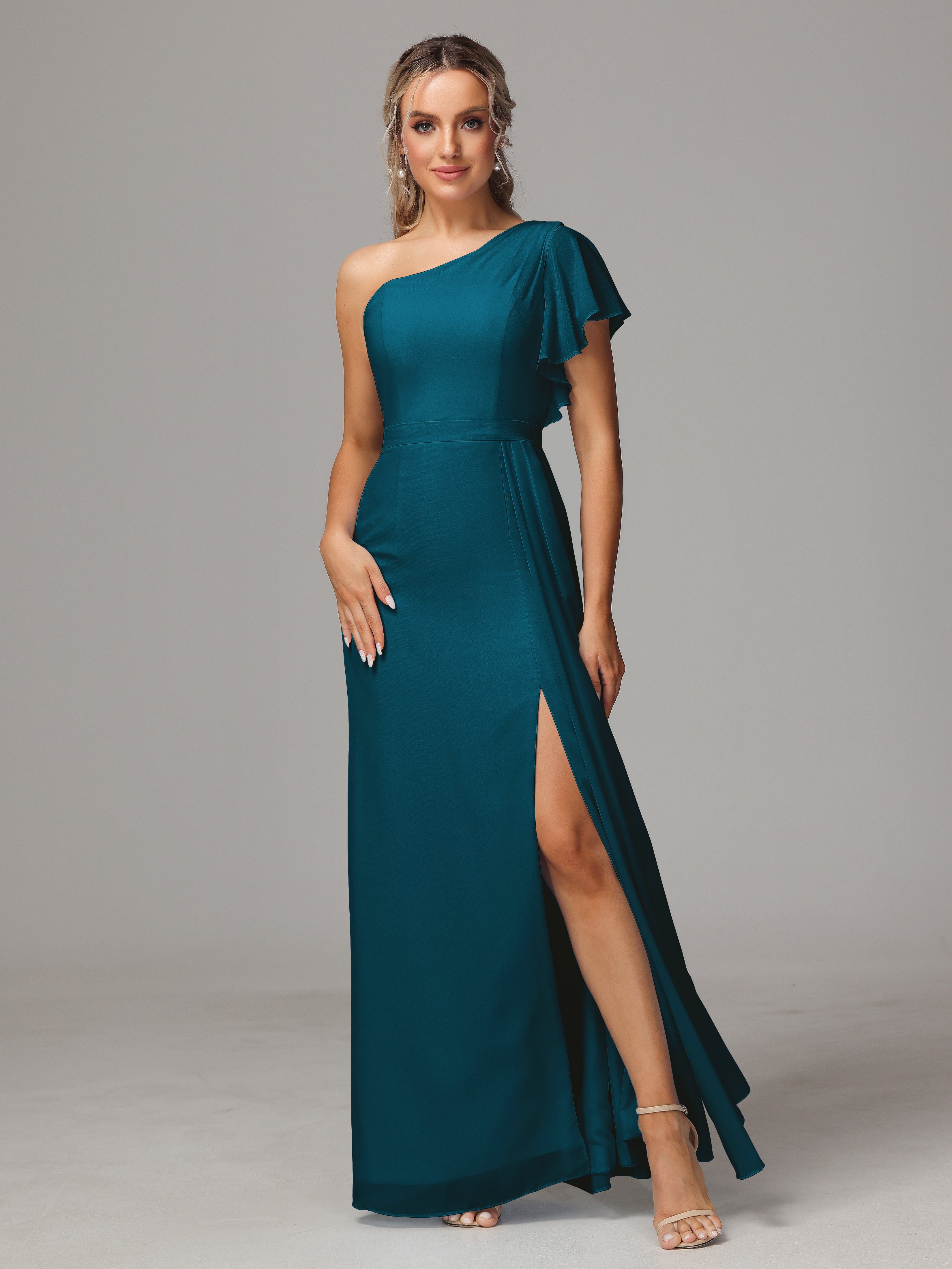 Robe De Demoiselle D'Honneur Bleu Encre Fourreau Seule Épaule Fendue Devant Mousseline