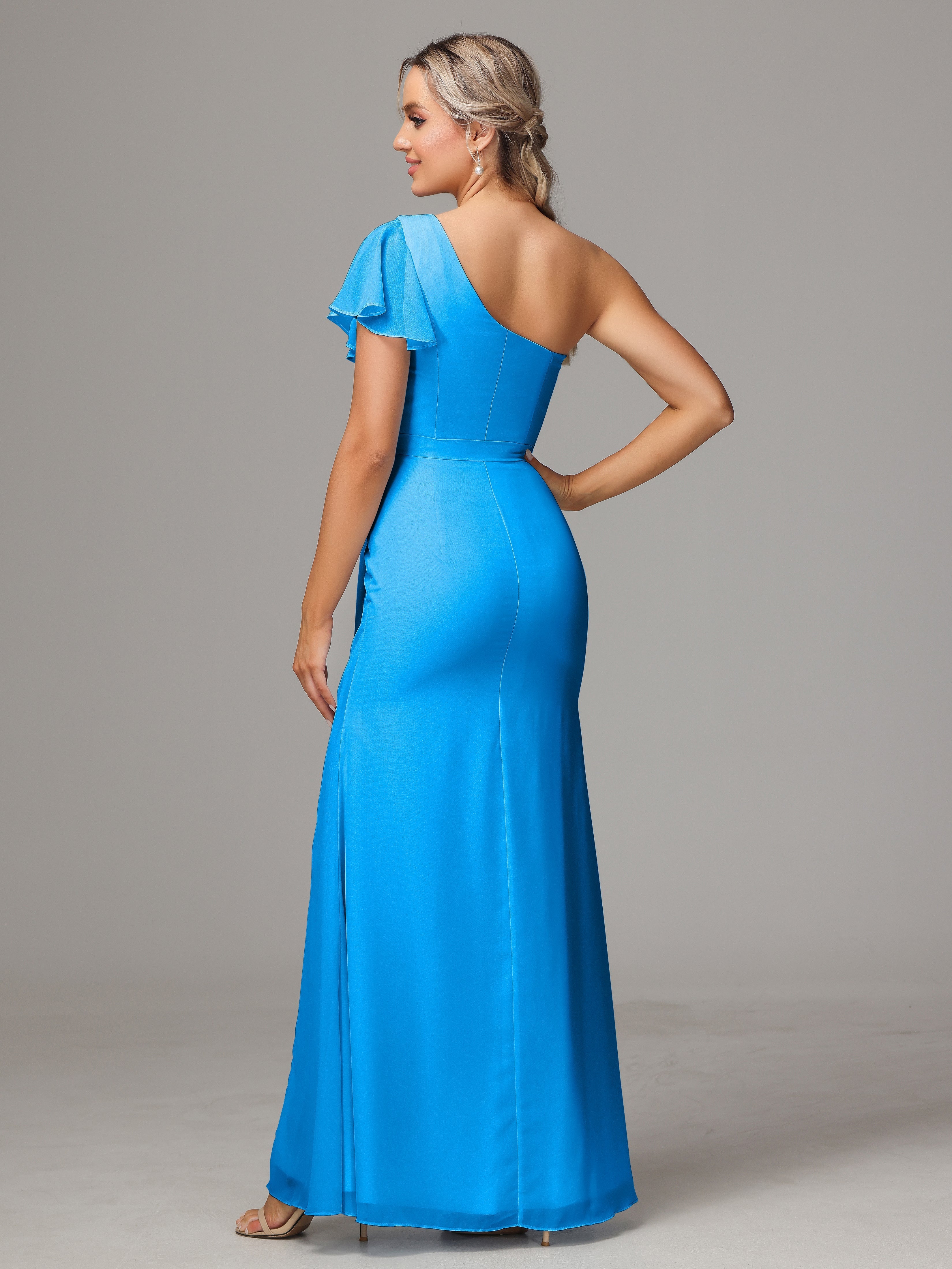 Robes De Demoiselle D'Honneur Bleu Océan Fourreau Seule Épaule Fendue Mousseline Robe Demoiselle D'Honneur