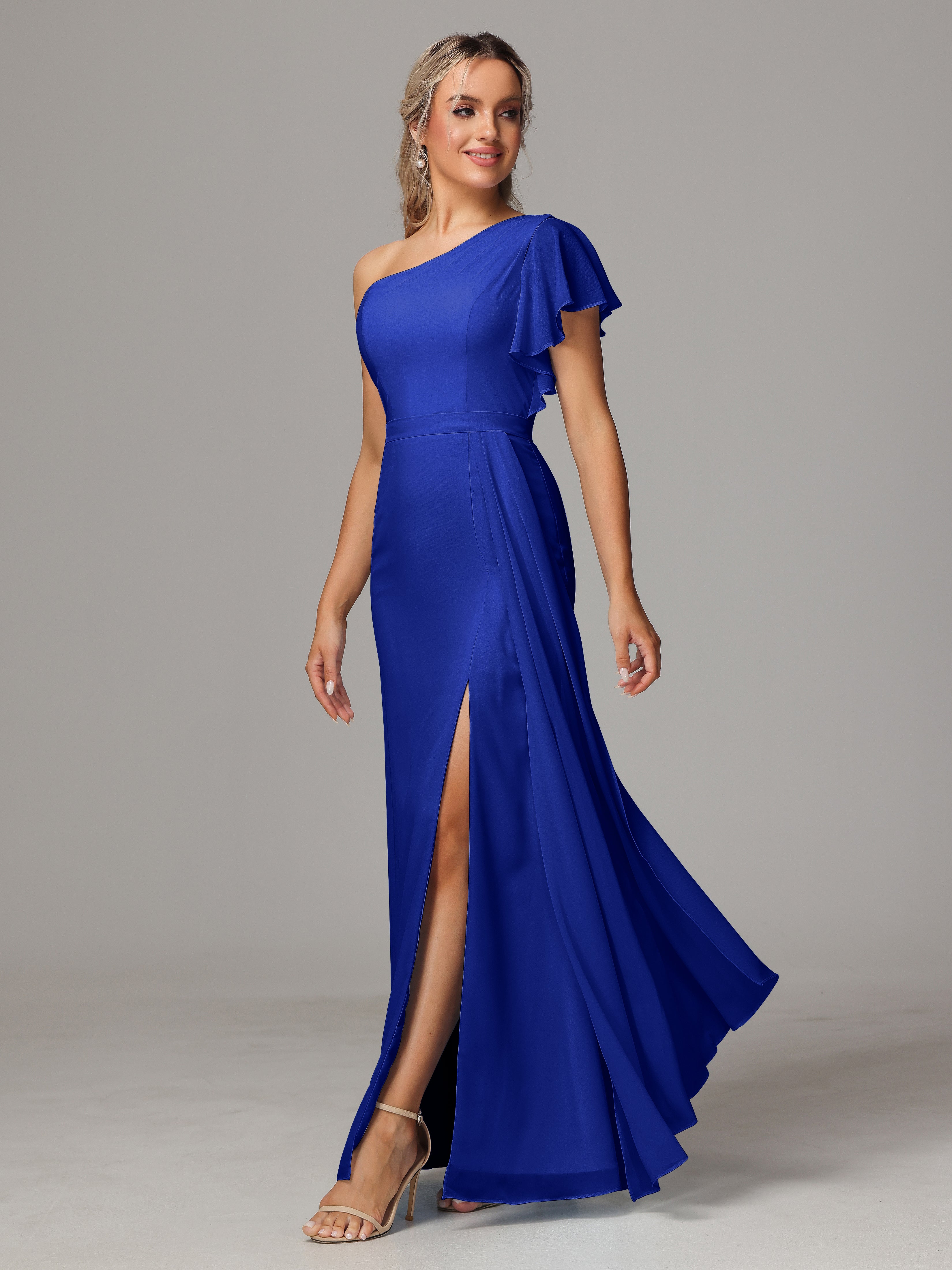 Robe De Demoiselle D Honneur Bleu Roi Fourreau Seule Épaule Fendue Mousseline Robe Demoiselle D'Honneur