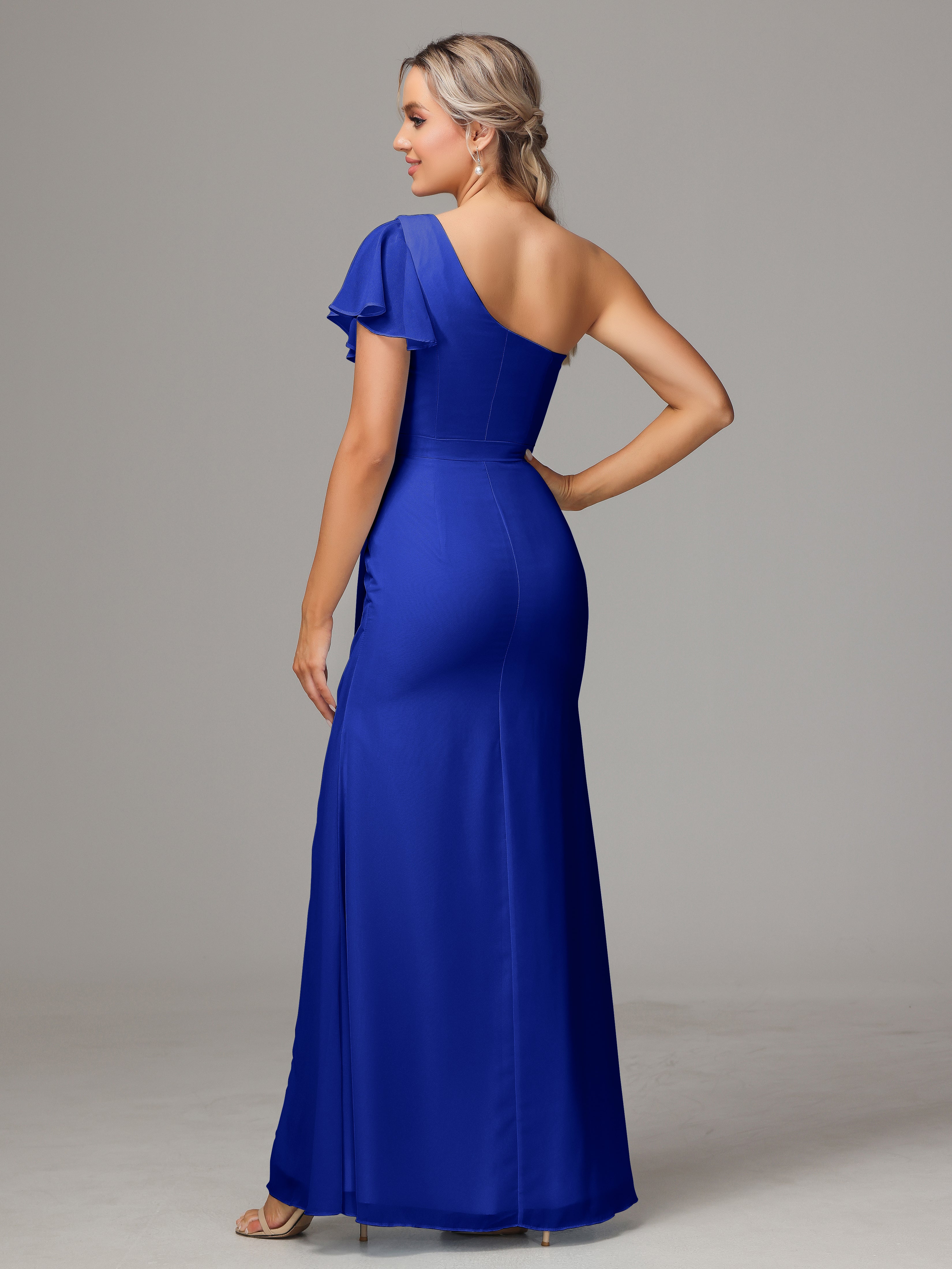 Robe De Demoiselle D Honneur Bleu Roi Fourreau Seule Épaule Fendue Mousseline Robe Demoiselle D'Honneur